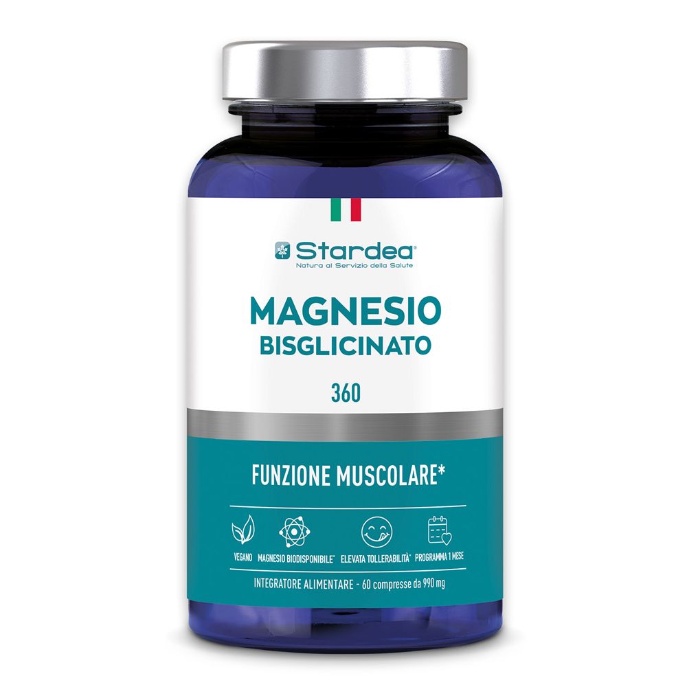 Flacone blu con etichetta bianca. Scritta: Stardea Magnesio Bisglicinato 360. 60 compresse. Bandiera italiana.