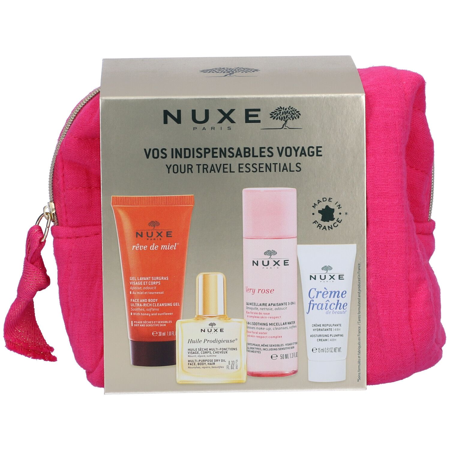 Set da viaggio Nuxe con prodotti cosmetici. Include un tubo arancione, una bottiglia gialla, una bottiglia rosa e un tubo bianco. Confezionato in una borsa rosa.