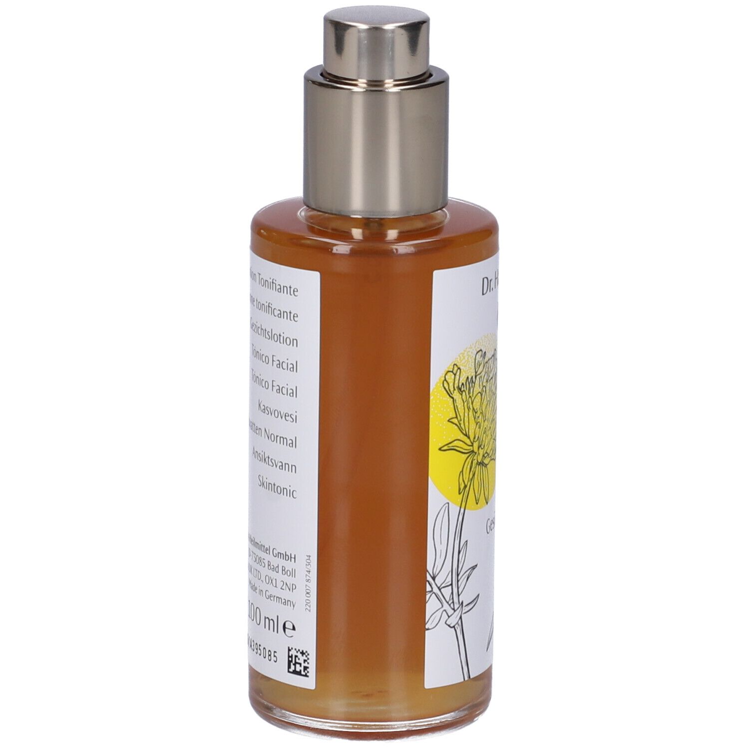 Flacone di vetro marrone con vaporizzatore. Retro con informazioni sul prodotto e ingredienti. 100 ml.