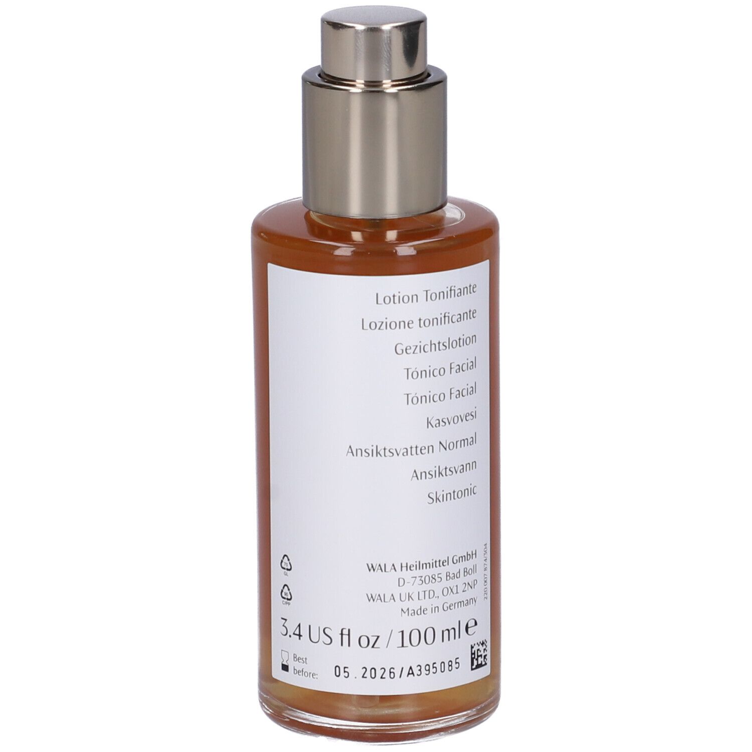Flacone di vetro marrone con vaporizzatore. Retro con informazioni sul prodotto e ingredienti. 100 ml.