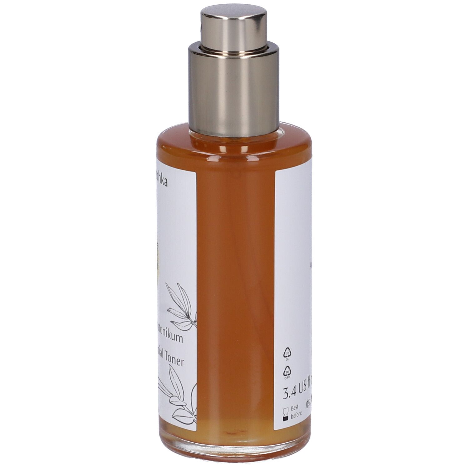 Flacone di vetro marrone con vaporizzatore. Etichetta con nome del prodotto e design floreale. Dr. Hauschka Facial Toner.