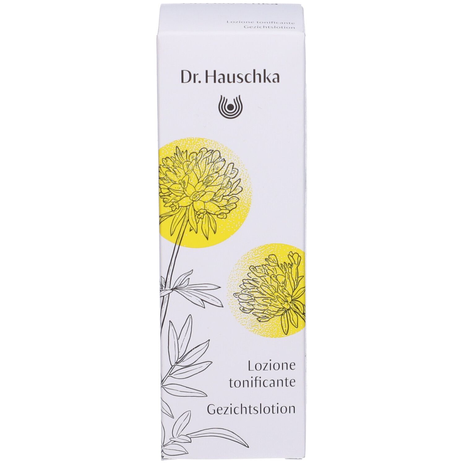 Confezione in cartone bianco con design floreale e nome del prodotto. Dr. Hauschka Lozione tonificante.