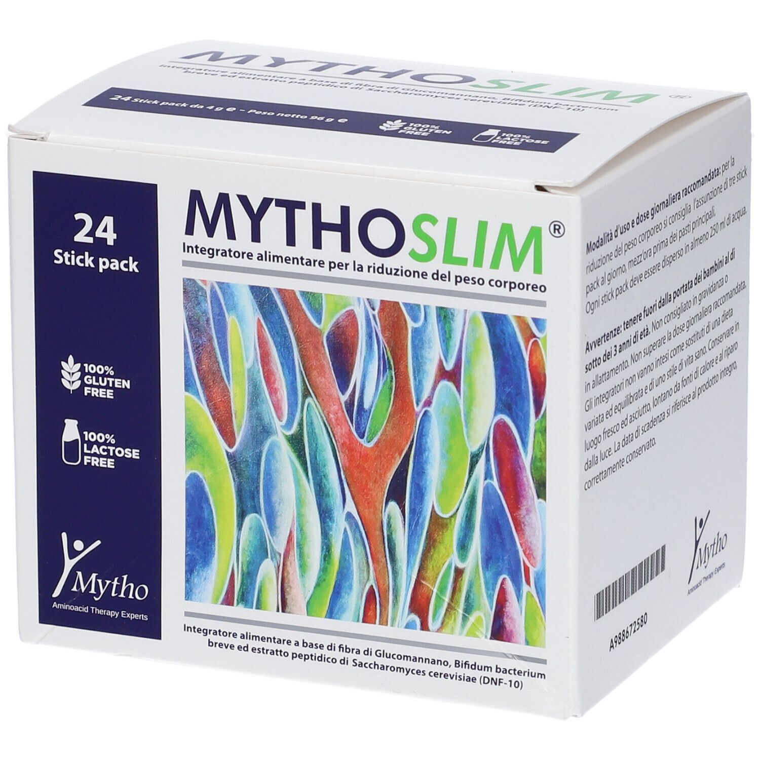 Confezione Mythoslim 24 stick pack. Contiene 24 stick. Senza glutine e lattosio. Logo Mytho.