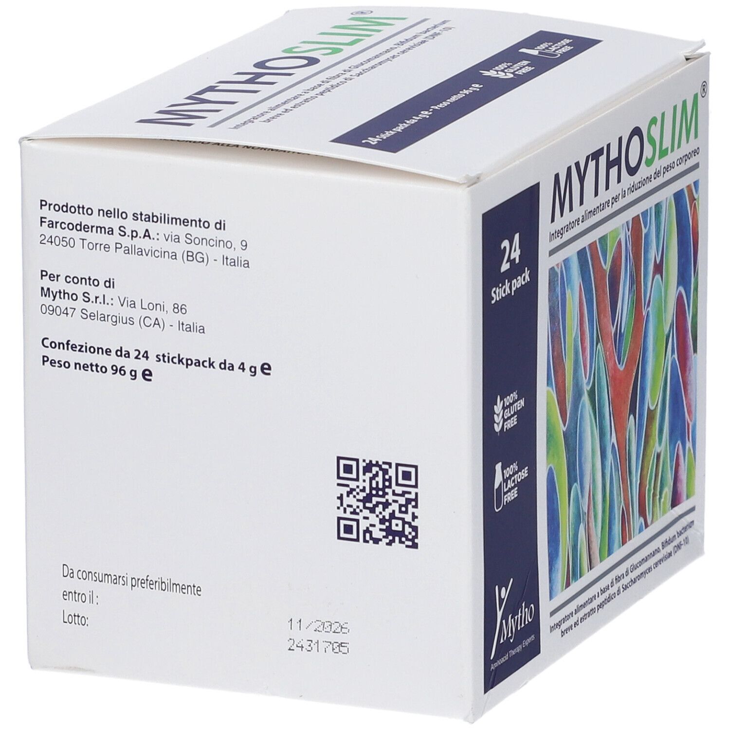 Retro confezione Mythoslim 24 stick pack. Codice QR, indirizzo produttore, data di scadenza.