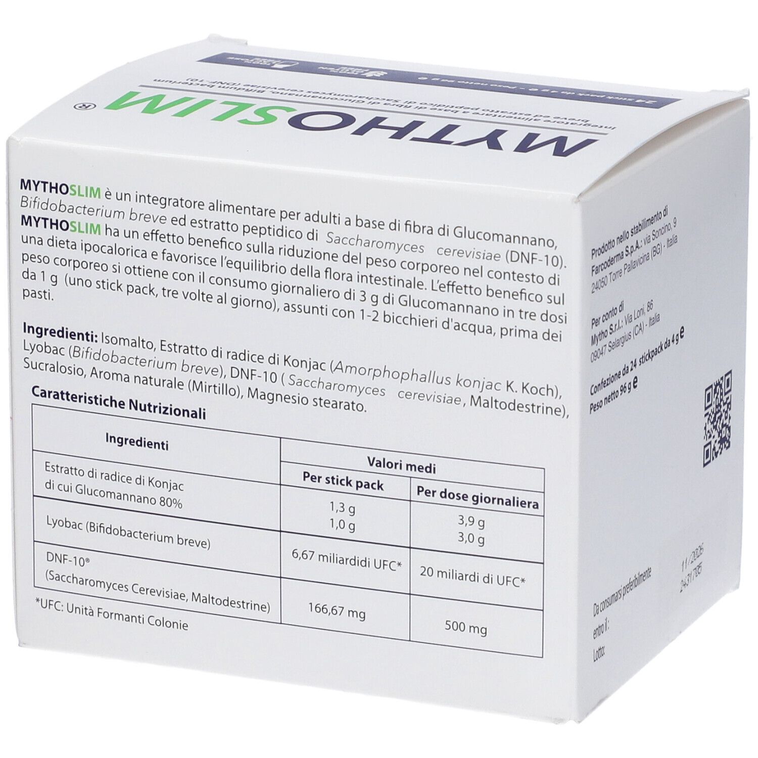 Lato confezione Mythoslim 24 stick pack. Informazioni nutrizionali e ingredienti. Testo in italiano.