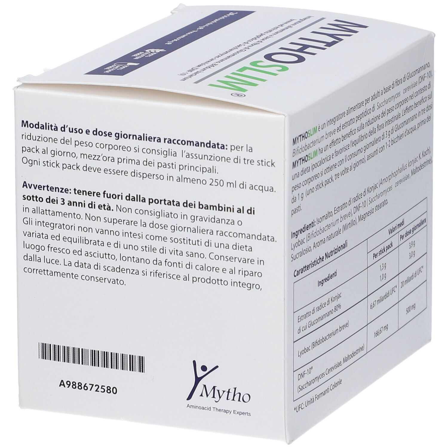 Lato confezione Mythoslim 24 stick pack. Istruzioni per l'uso e avvertenze. Testo in italiano.