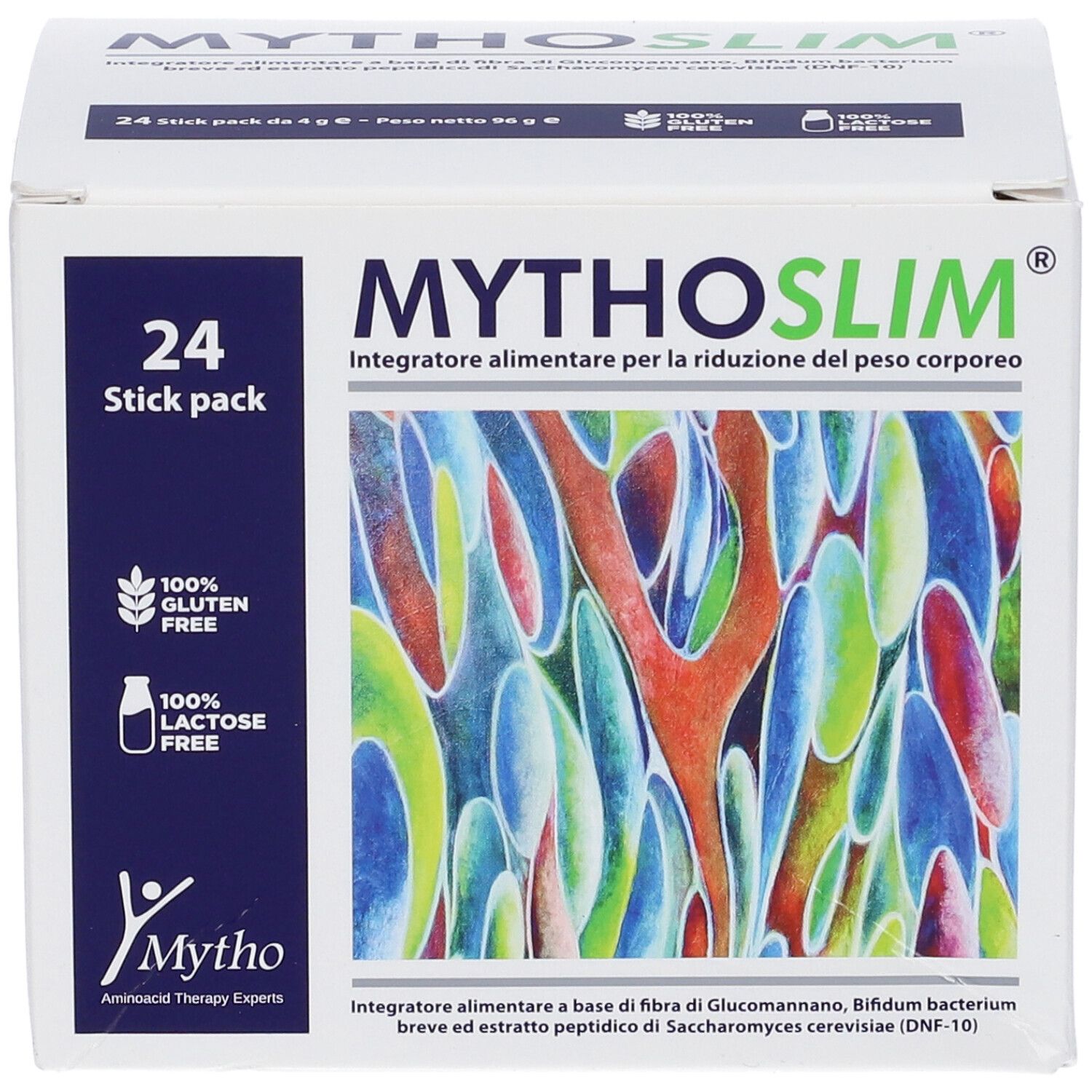 Confezione Mythoslim 24 stick pack. Contiene 24 stick. Senza glutine e lattosio. Logo Mytho.