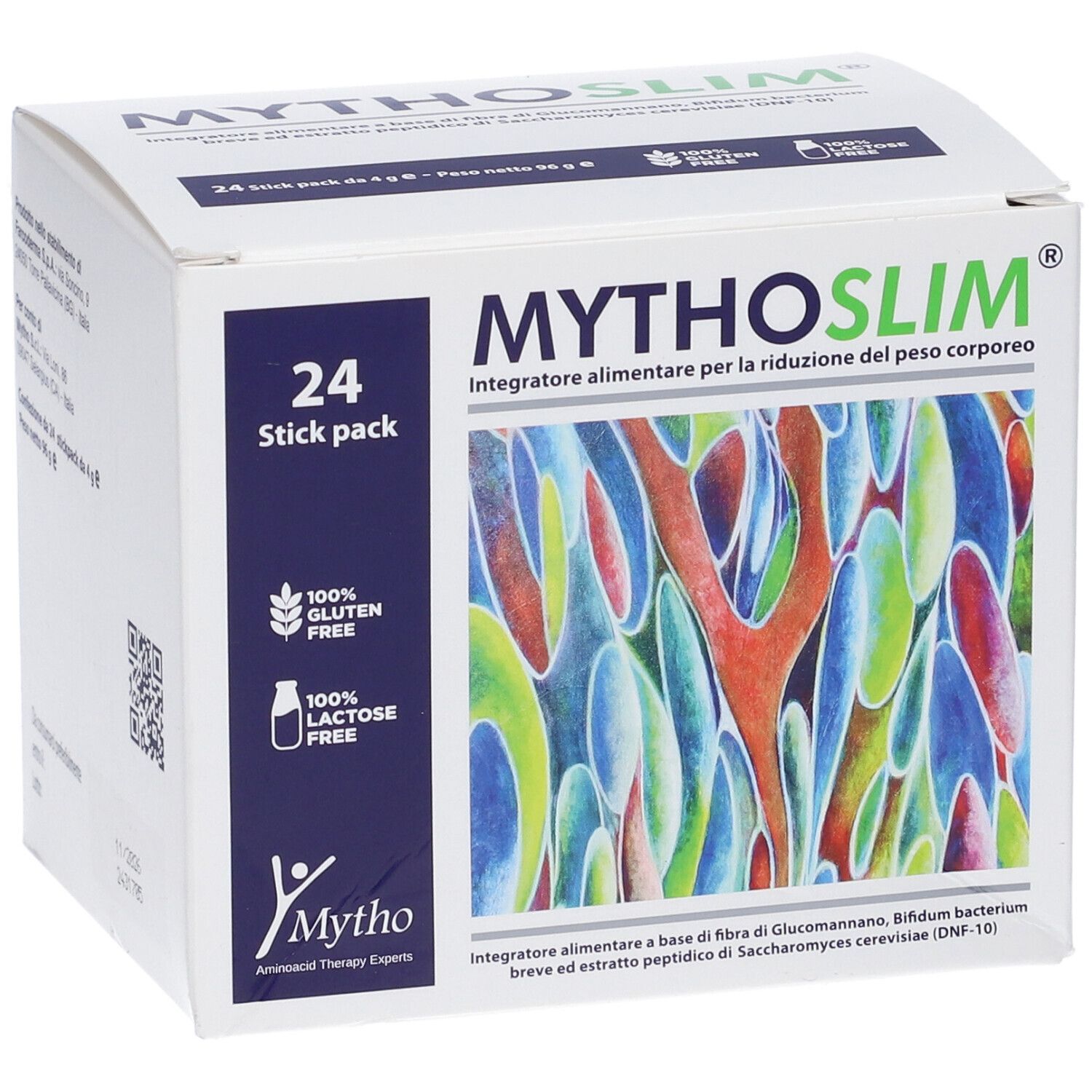 Confezione Mythoslim 24 stick pack. Contiene 24 stick. Senza glutine e lattosio. Logo Mytho.