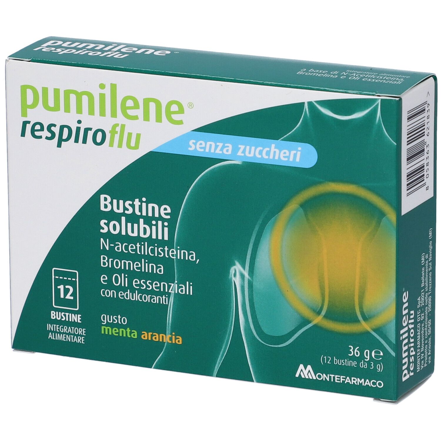 Pumilene Respiroflu Senza Zucchero 12 Bustine Gusto Menta Arancia 36 G