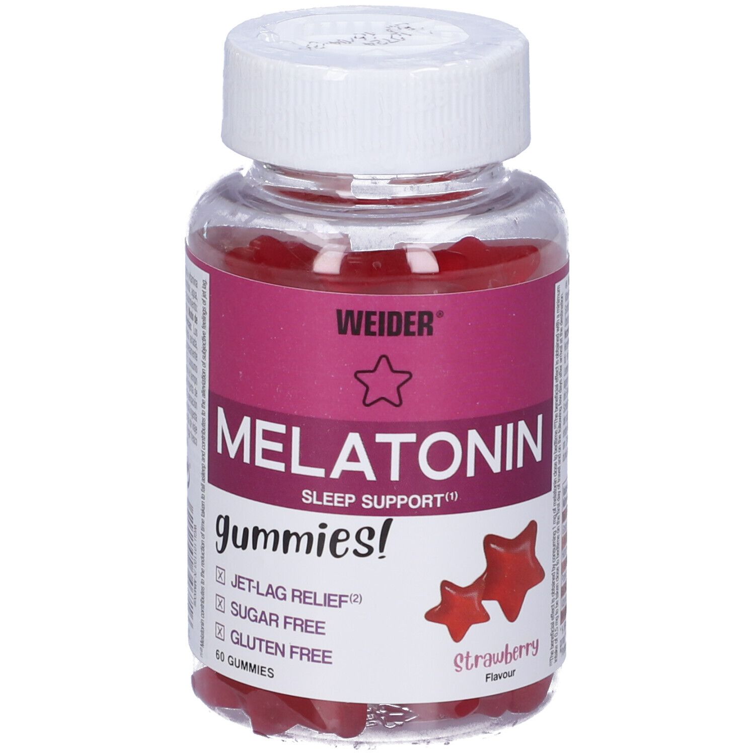 Flacone di Weider Melatonin Gummies. Orsetti gommosi rossi. Scritte: Melatonin, Sleep Support, Jet-Lag Relief, senza zucchero, senza glutine.