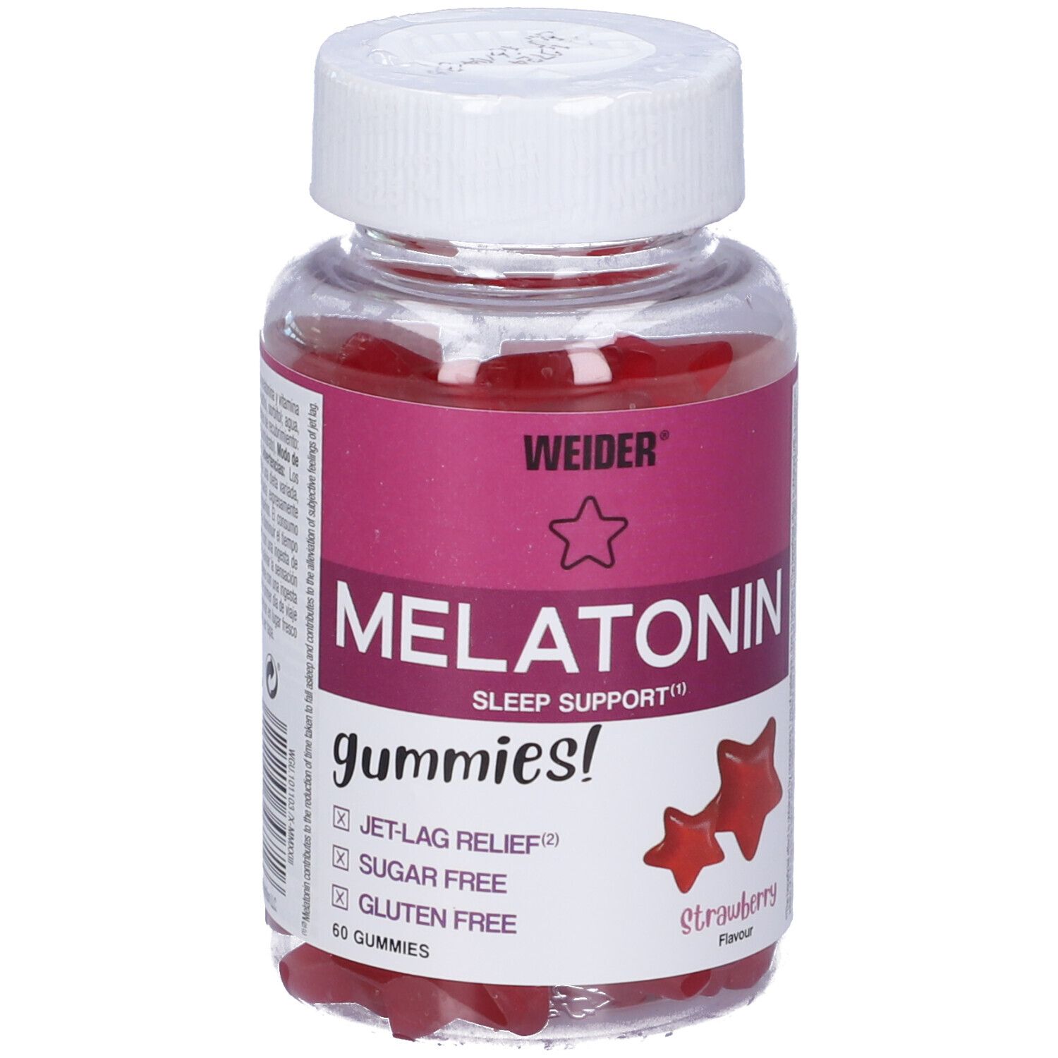 Flacone di Weider Melatonin Gummies. Orsetti gommosi rossi. Scritte: Melatonin, Sleep Support, Jet-Lag Relief, senza zucchero, senza glutine.