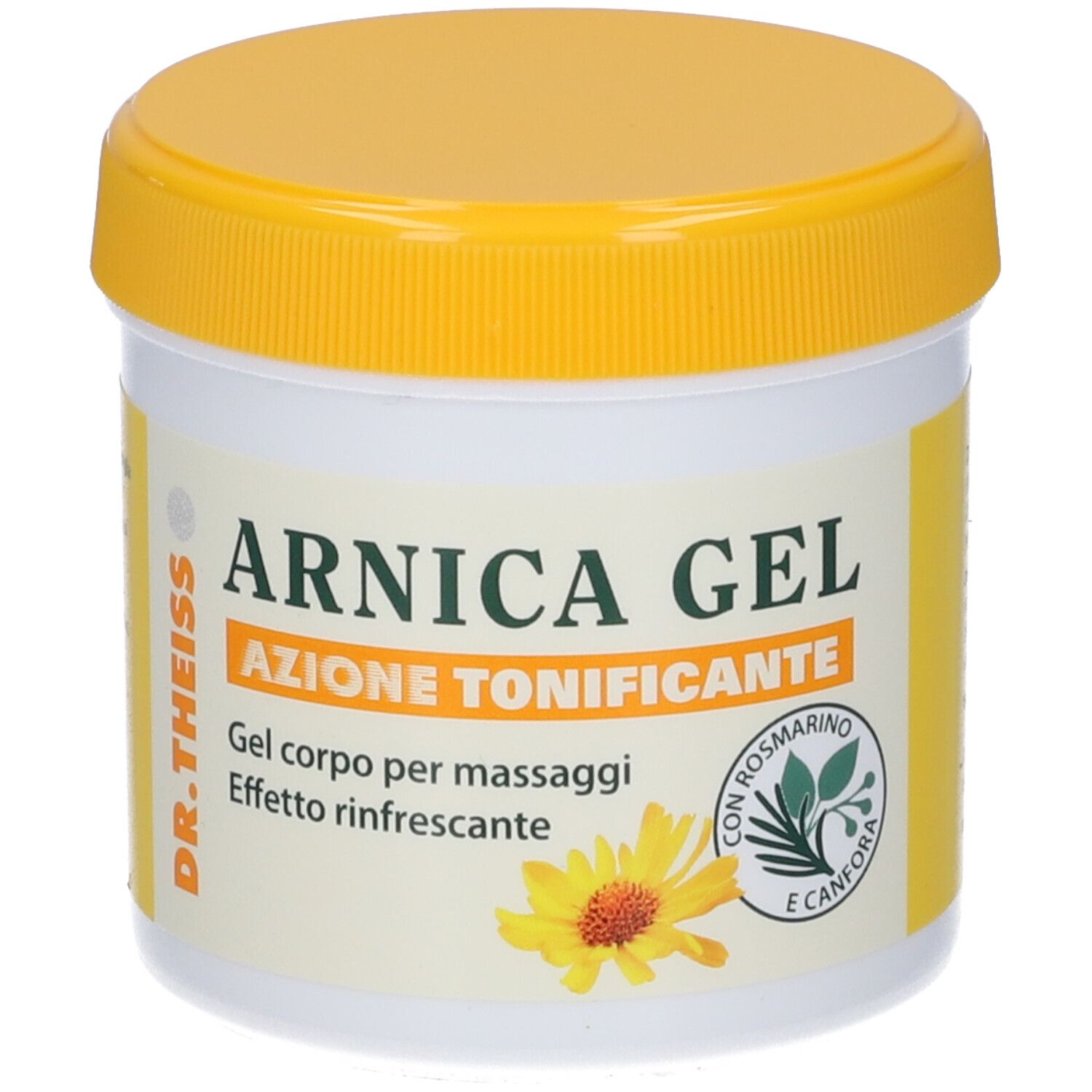 Barattolo con coperchio giallo. Scritta: Arnica Gel, Azione Tonificante. Con rosmarino e camomilla.