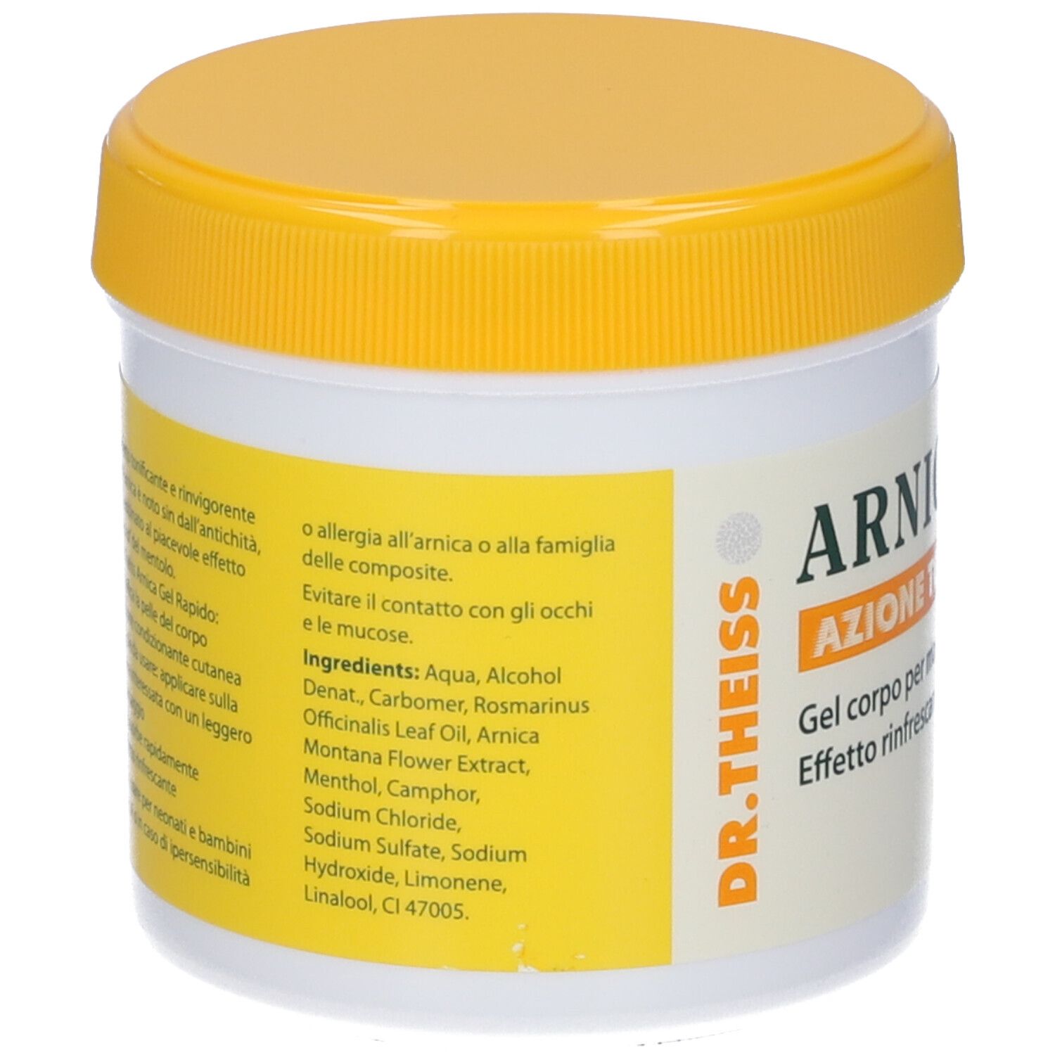 Barattolo con coperchio giallo. Scritta: Ingredienti. Contiene Aqua, Alcohol Denat, Carbomer, Rosmarinus Officinalis Leaf Oil.