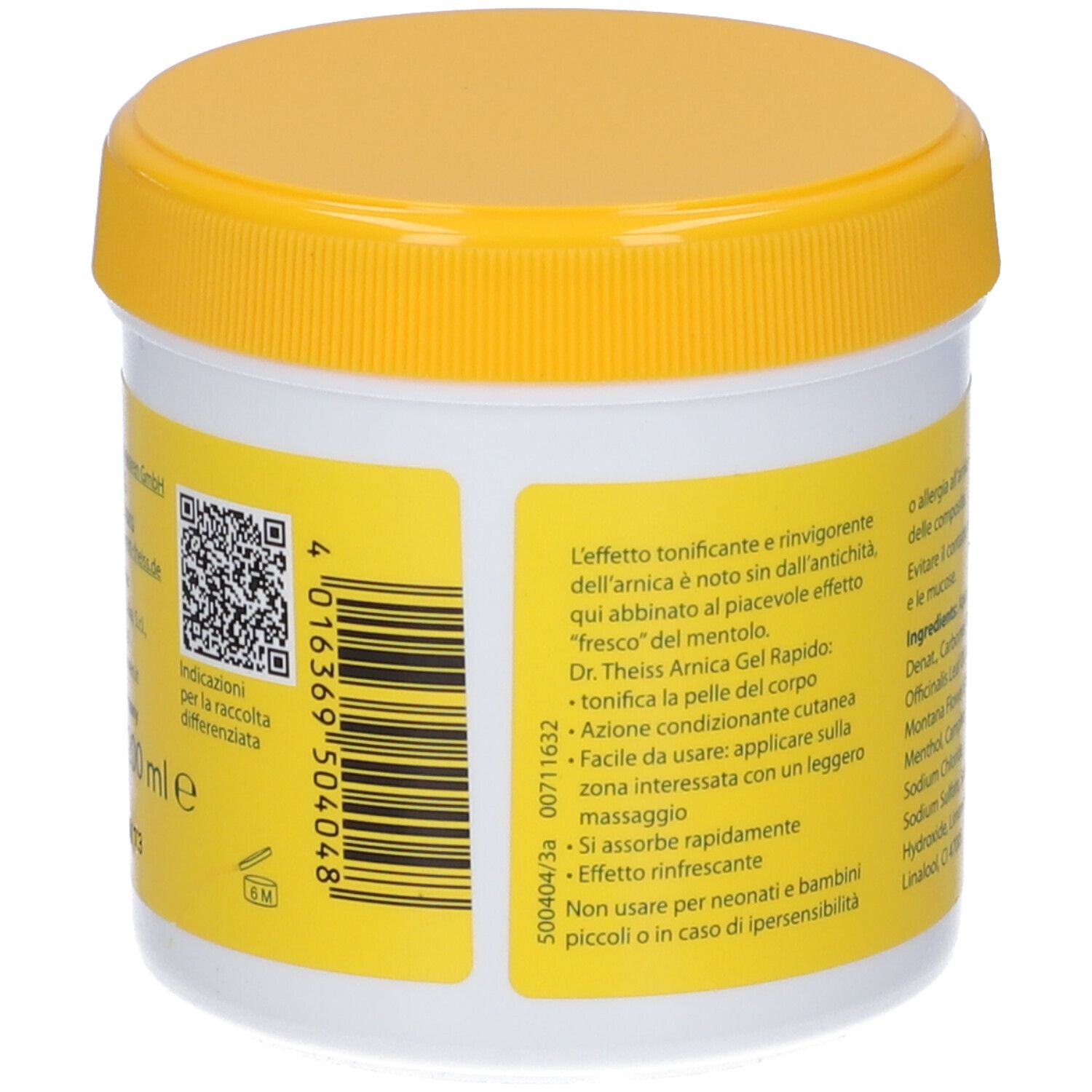 Barattolo con coperchio giallo. Scritta: Codice QR e informazioni per l'uso. Contiene 200 ml.