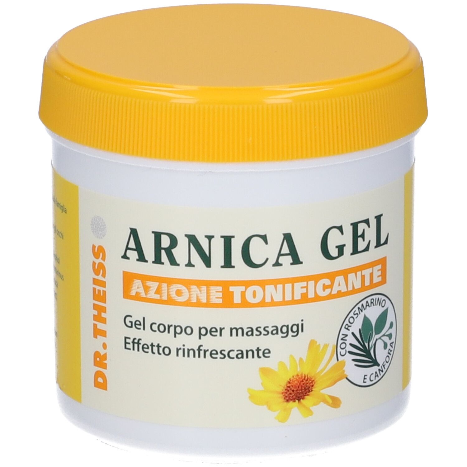 Barattolo con coperchio giallo. Scritta: Arnica Gel, Azione Tonificante. Con rosmarino e camomilla.