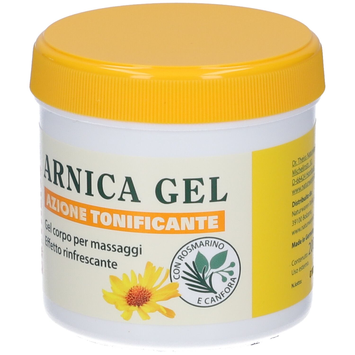 Barattolo con coperchio giallo. Scritta: Arnica Gel, Azione Tonificante. Con rosmarino e camomilla.