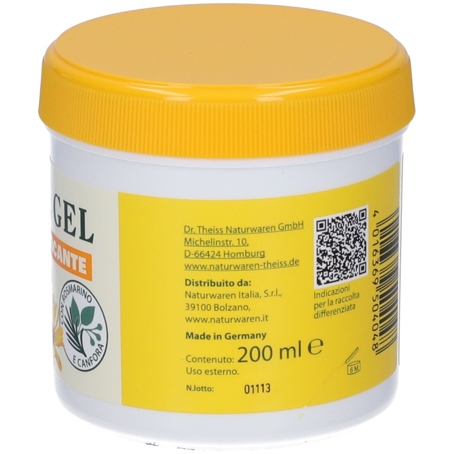 Barattolo con coperchio giallo. Scritta: 200 ml. Informazioni produttore e codice QR.