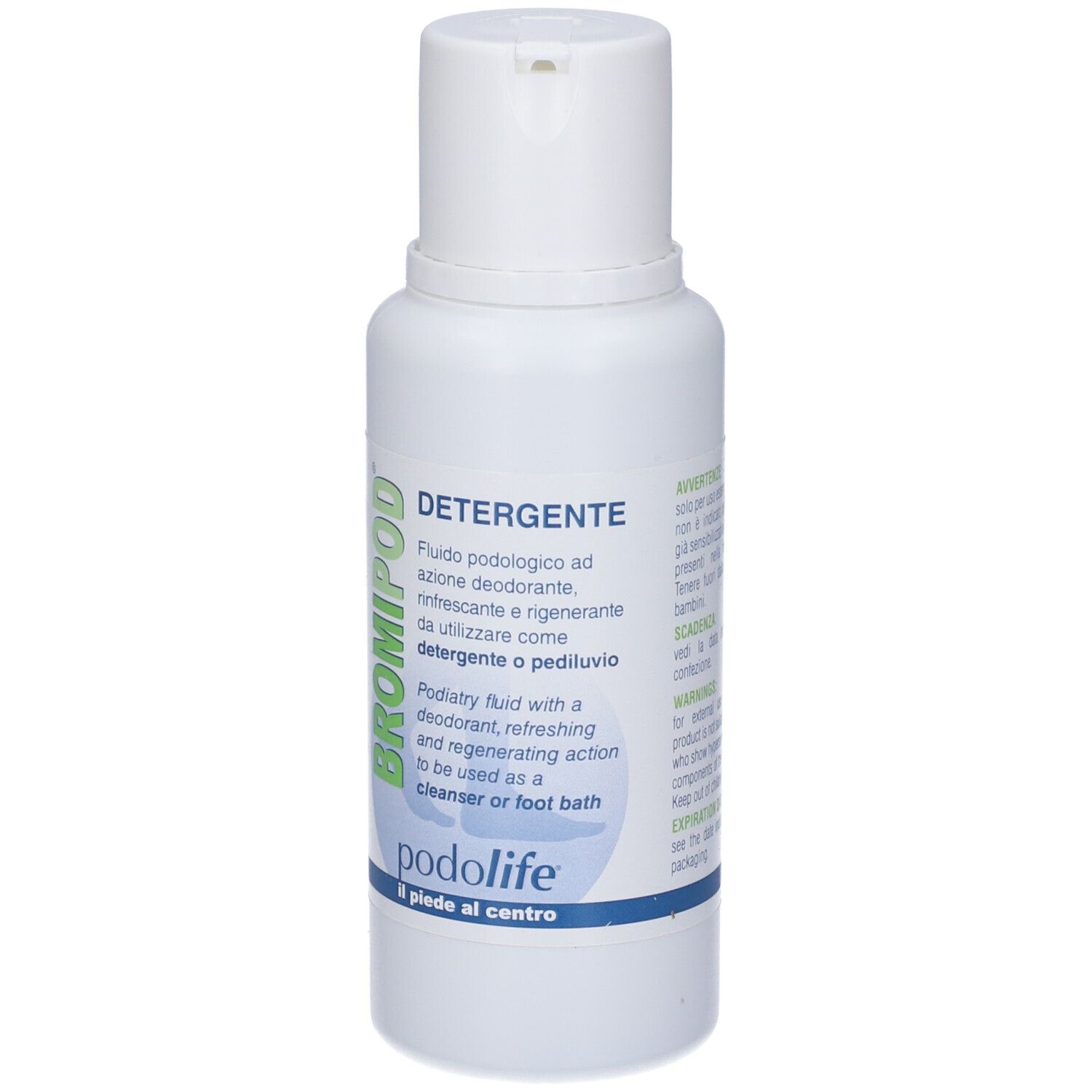 Weiße Flasche mit grünem Etikett, 'BROMIPOD DETERGENTE' und 'podolife' aufgedruckt.