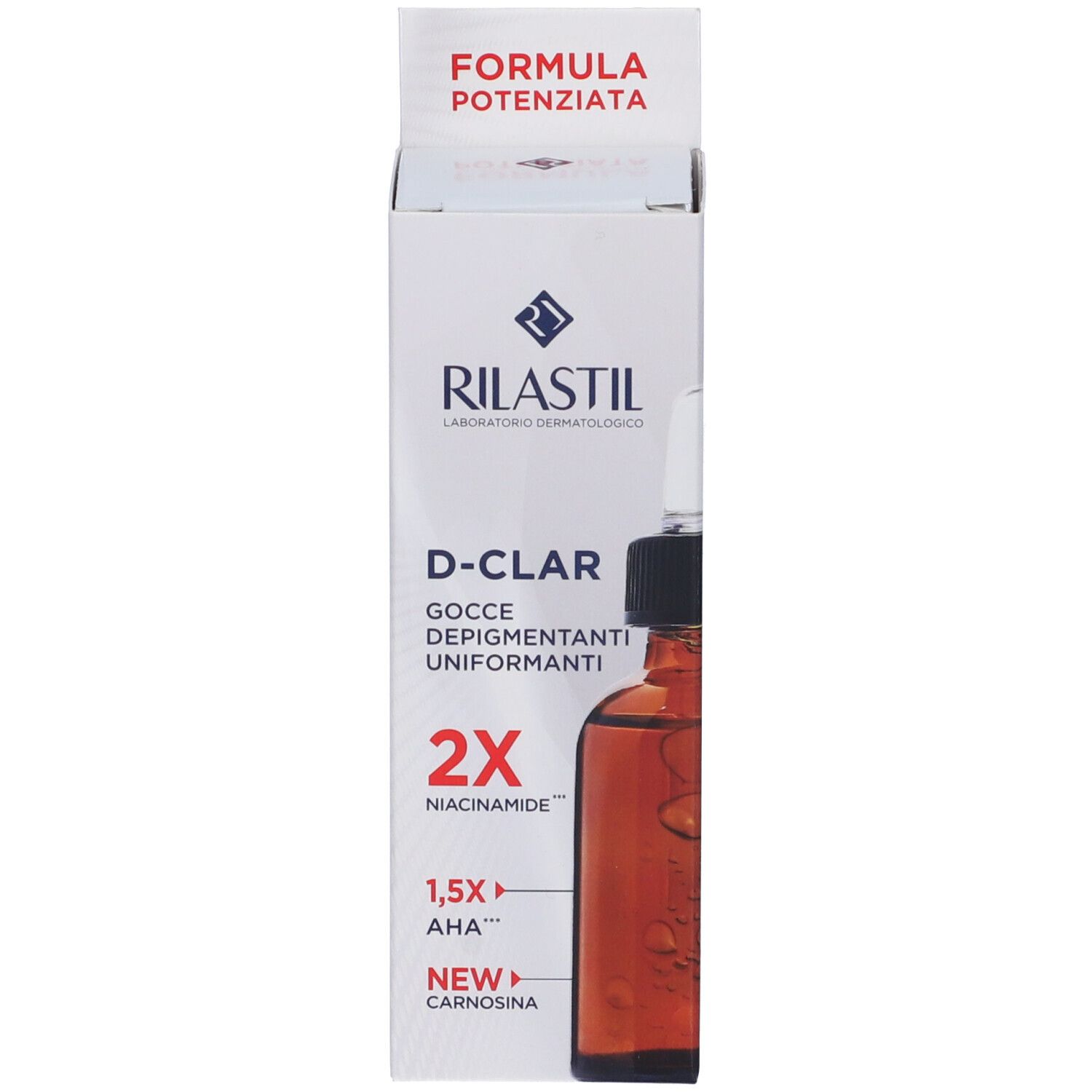 Flacone e confezione del prodotto. Scritta: Rilastil D-Clar Gocce Depigmentanti Uniformanti.