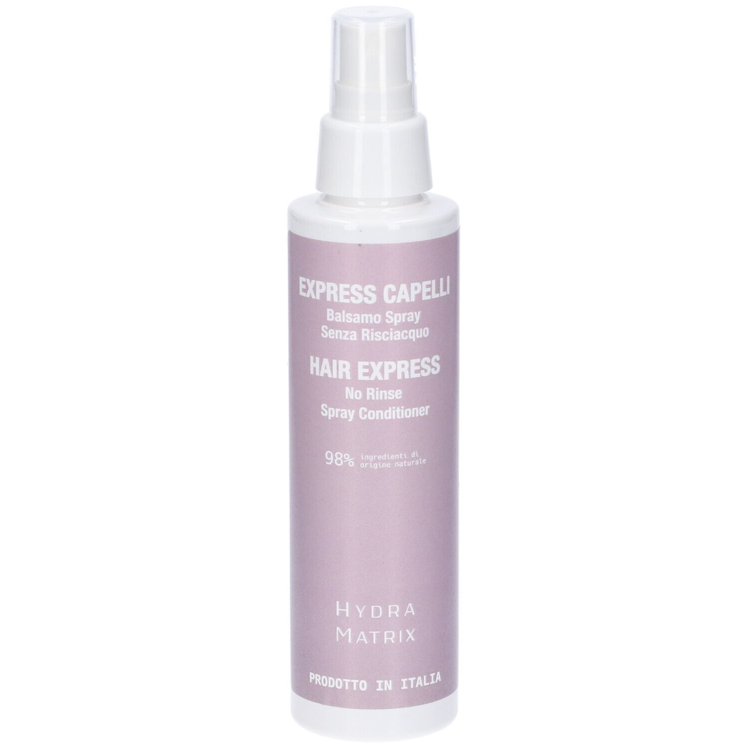 Flacone spray. Scritta: EXPRESS CAPELLI, HAIR EXPRESS. Colori: bianco e lilla. Prodotto in Italia.