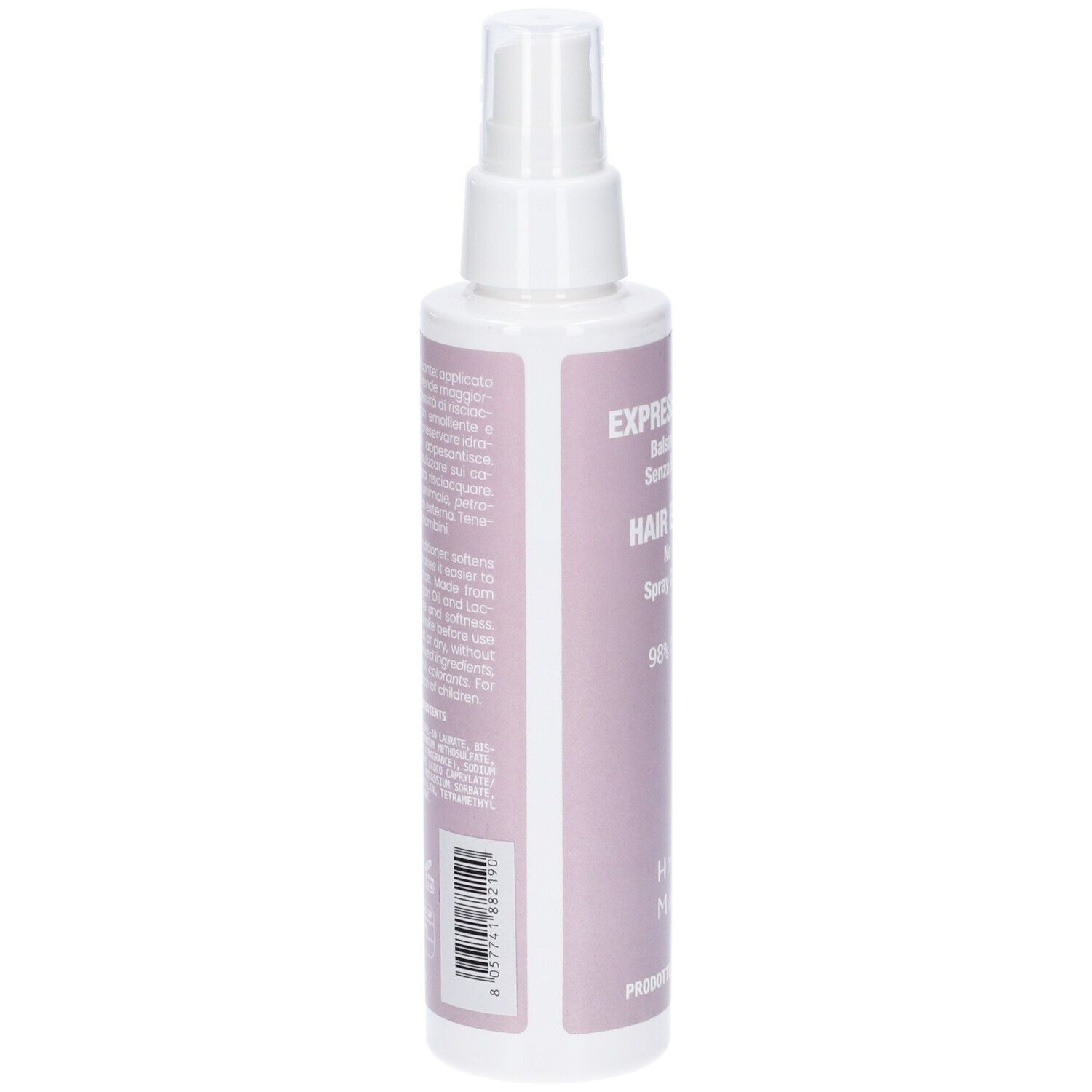 Flacone spray. Scritta: EXPRESS CAPELLI, HAIR EXPRESS. Codice a barre. Prodotto in Italia.