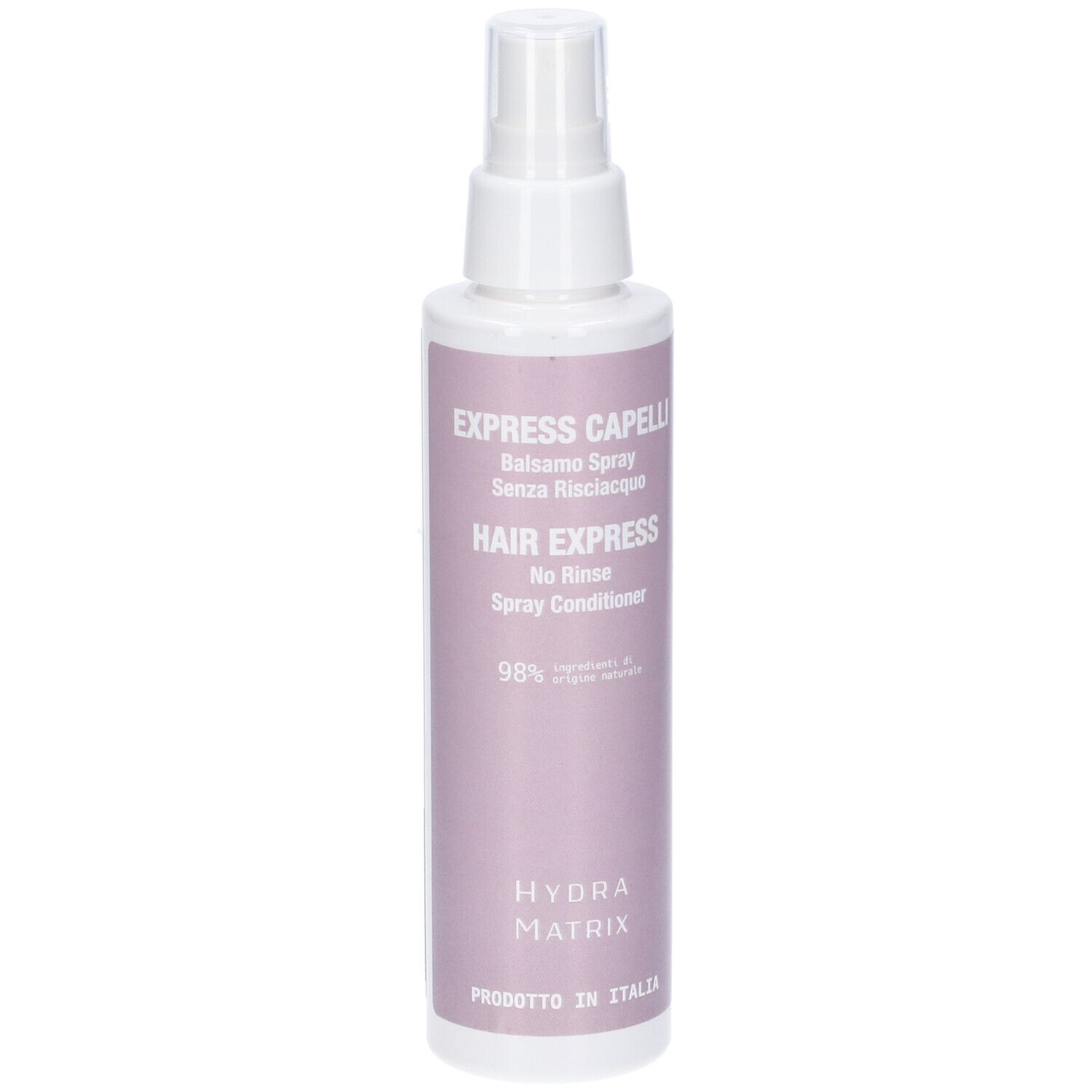 Flacone spray. Scritta: EXPRESS CAPELLI, HAIR EXPRESS. Colori: bianco e lilla. Prodotto in Italia.