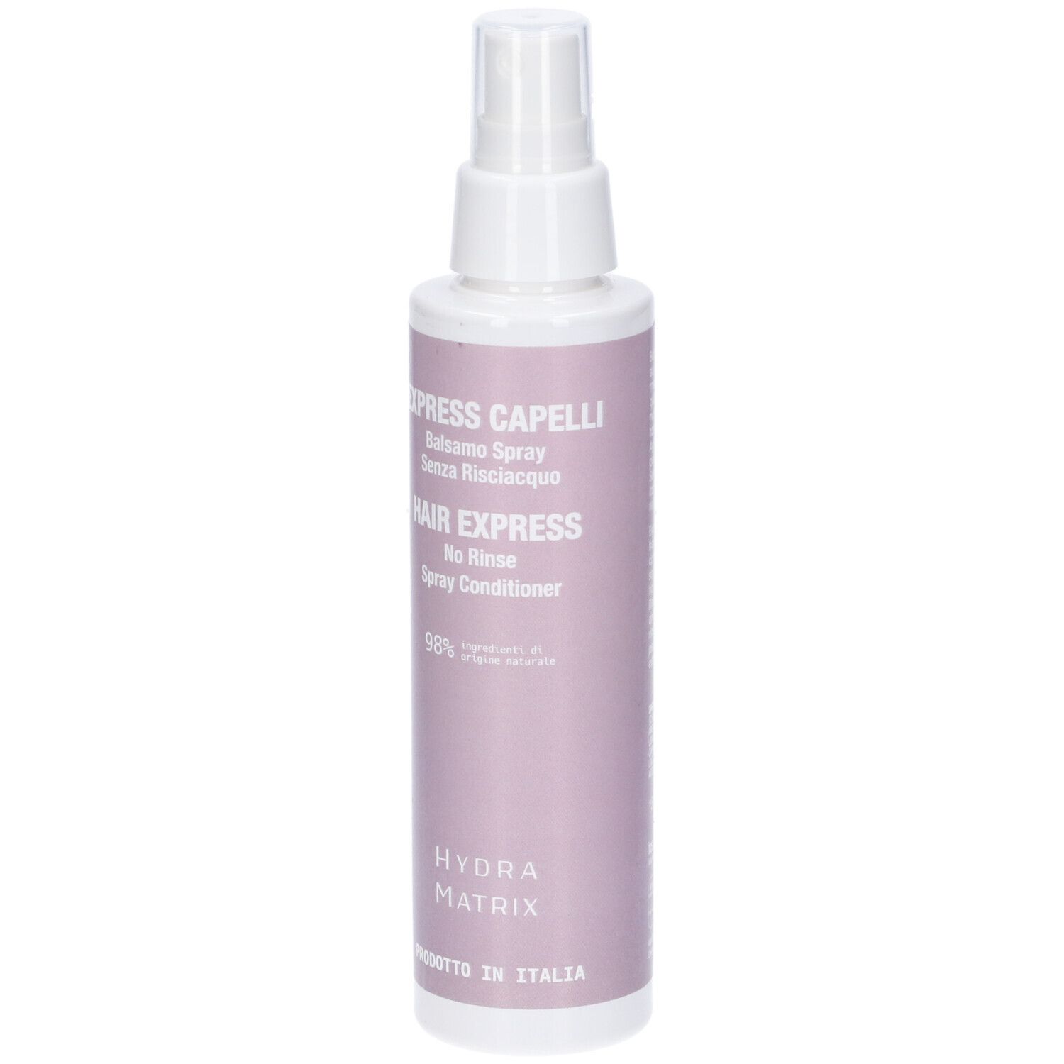 Flacone spray. Scritta: EXPRESS CAPELLI, HAIR EXPRESS. Colori: bianco e lilla. Prodotto in Italia.