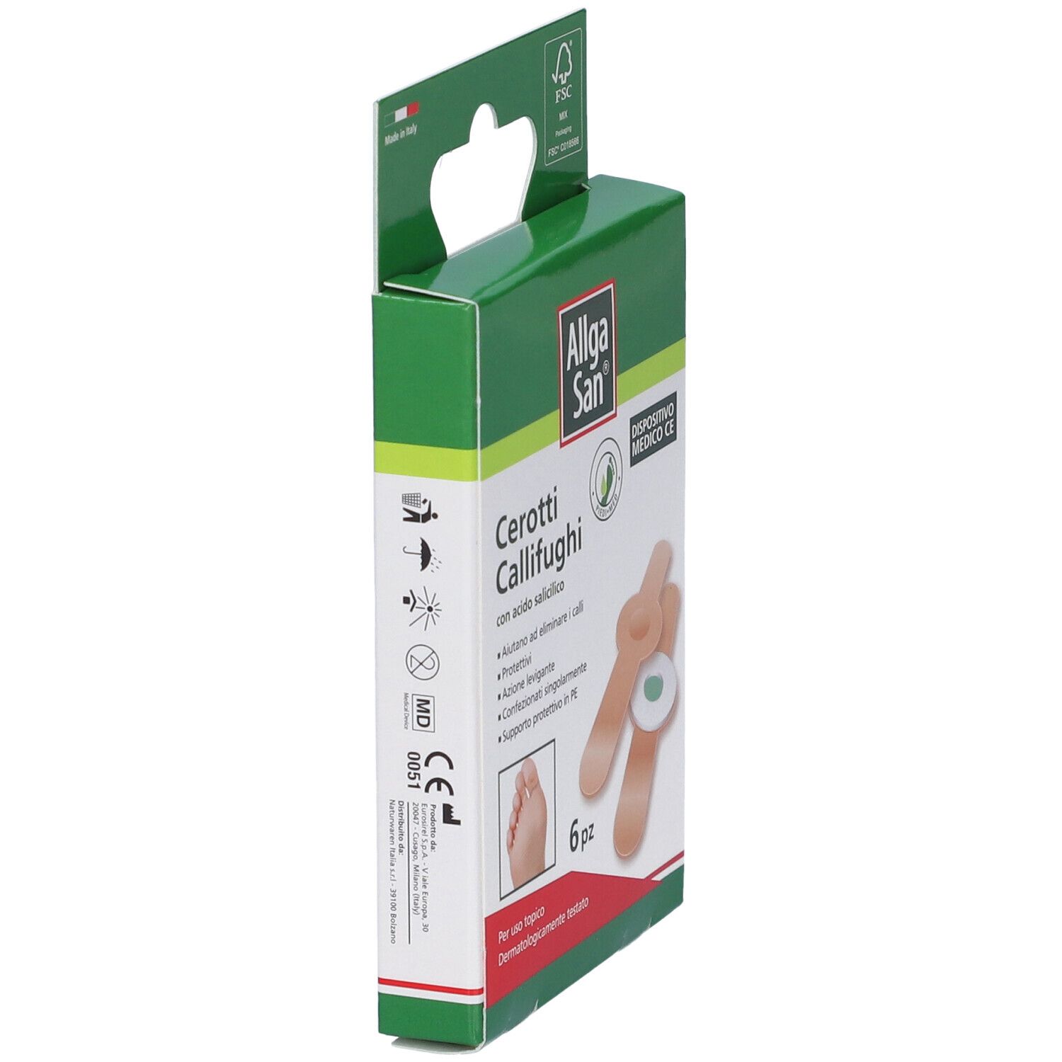 Seitenansicht der Allga San Cerotti Callifughi Verpackung. Grün-weiße Schachtel mit Produktinformationen und CE-Kennzeichnung.