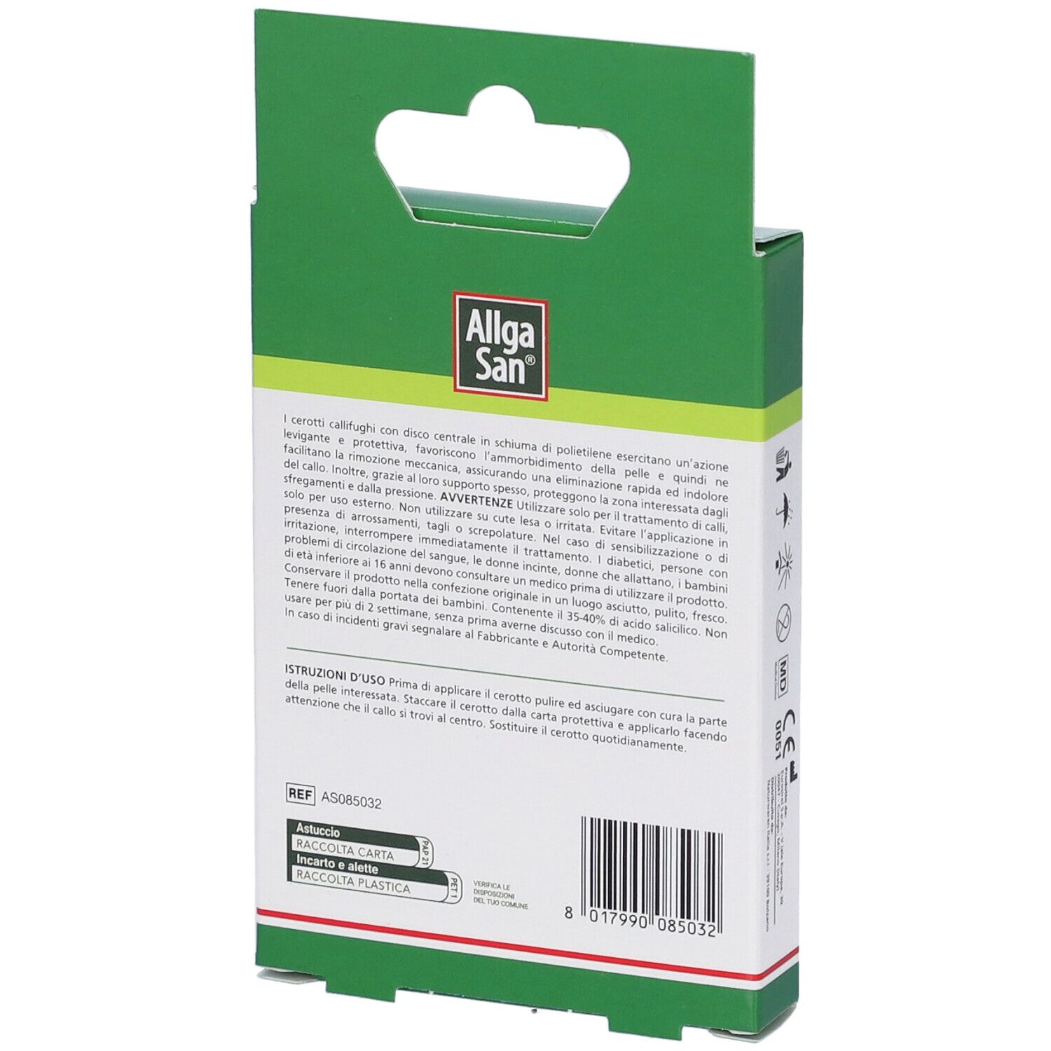Rückseite der Allga San Cerotti Callifughi Verpackung. Textinformationen, Inhaltsstoffe und Herstellerangaben aufgedruckt.