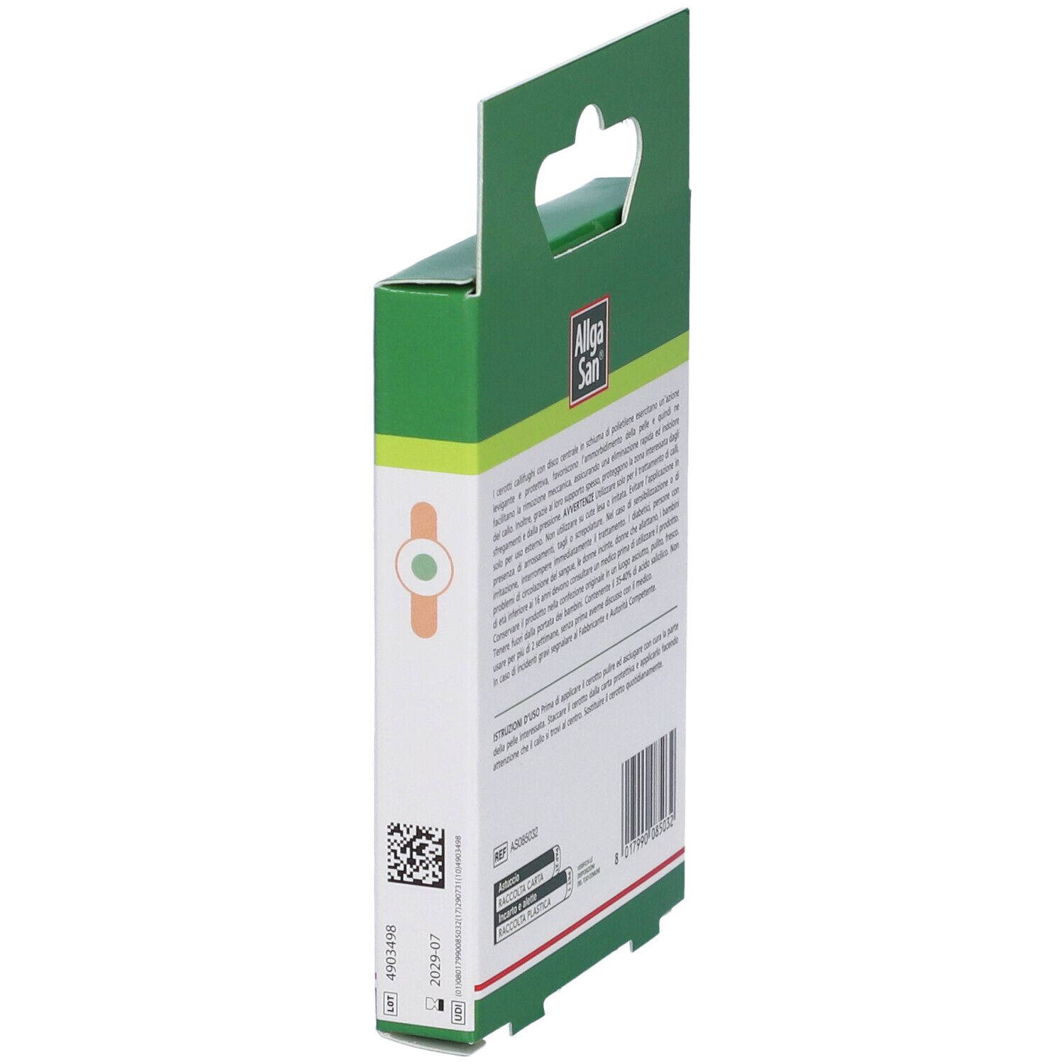 Seitenansicht der Allga San Cerotti Callifughi Verpackung. Text und Barcode auf weißem Hintergrund.
