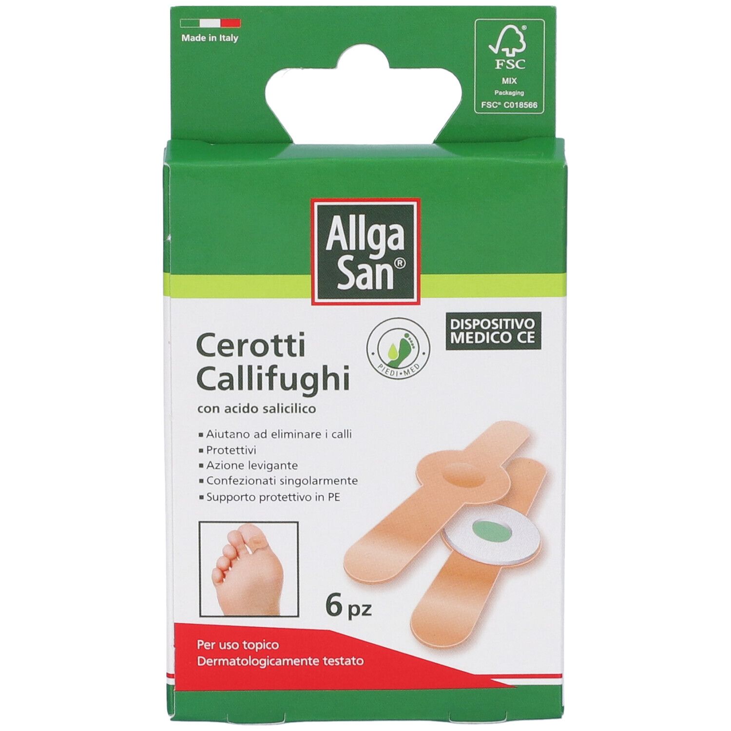 Allga San Cerotti Callifughi Verpackung. Grün-weiße Schachtel mit Produktabbildung und Text. Enthält 6 Pflaster.