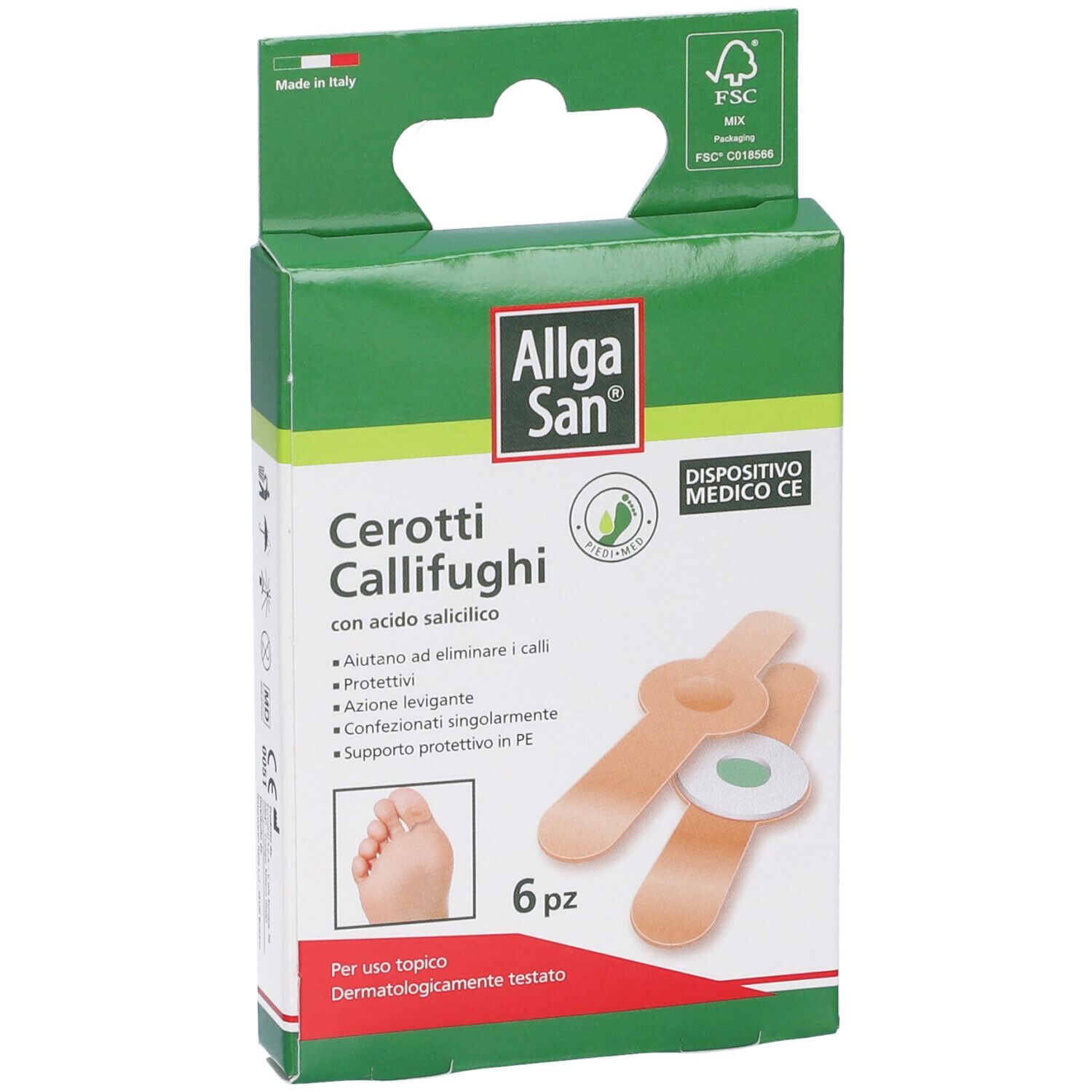 Allga San Cerotti Callifughi Verpackung. Grün-weiße Schachtel mit Produktabbildung und Text. Enthält 6 Pflaster.