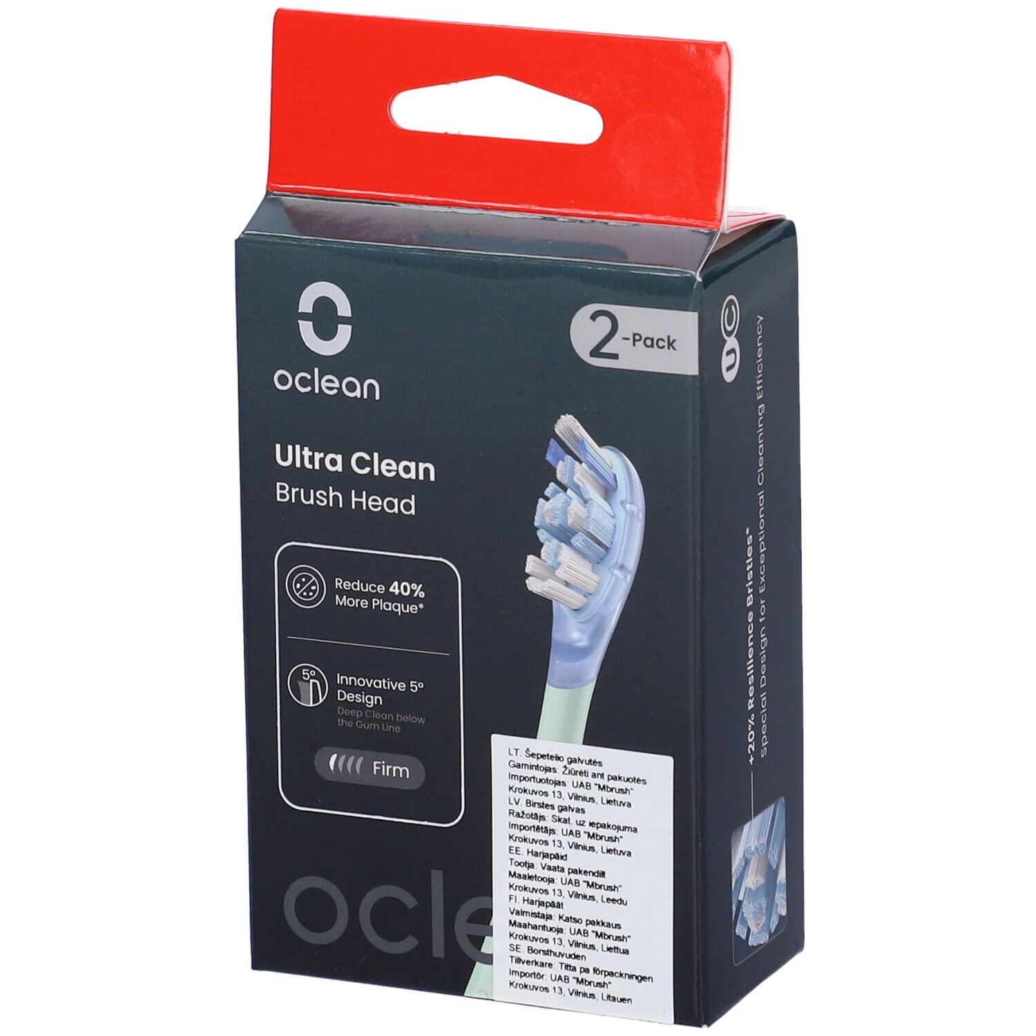Oclean Ultra Clean Bürstenkopf-Verpackung. 2er-Pack. Enthält Produktinformationen und das Oclean-Logo. Die Bürstenköpfe sind sichtbar.