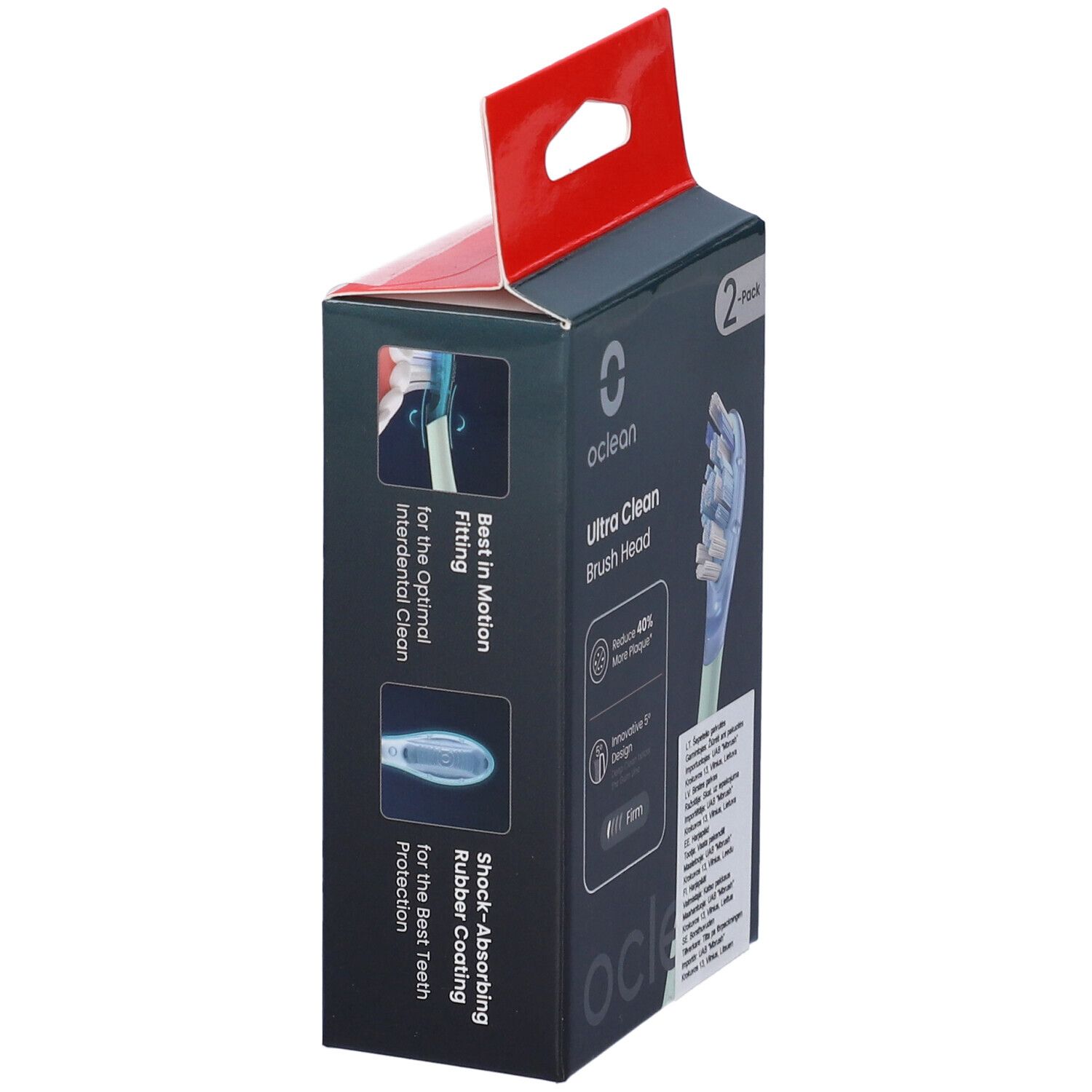 Oclean Ultra Clean Bürstenkopf-Verpackung. Seitenansicht mit Produktmerkmalen und Oclean-Logo. 2er-Pack. Bürstenkopf-Illustration.