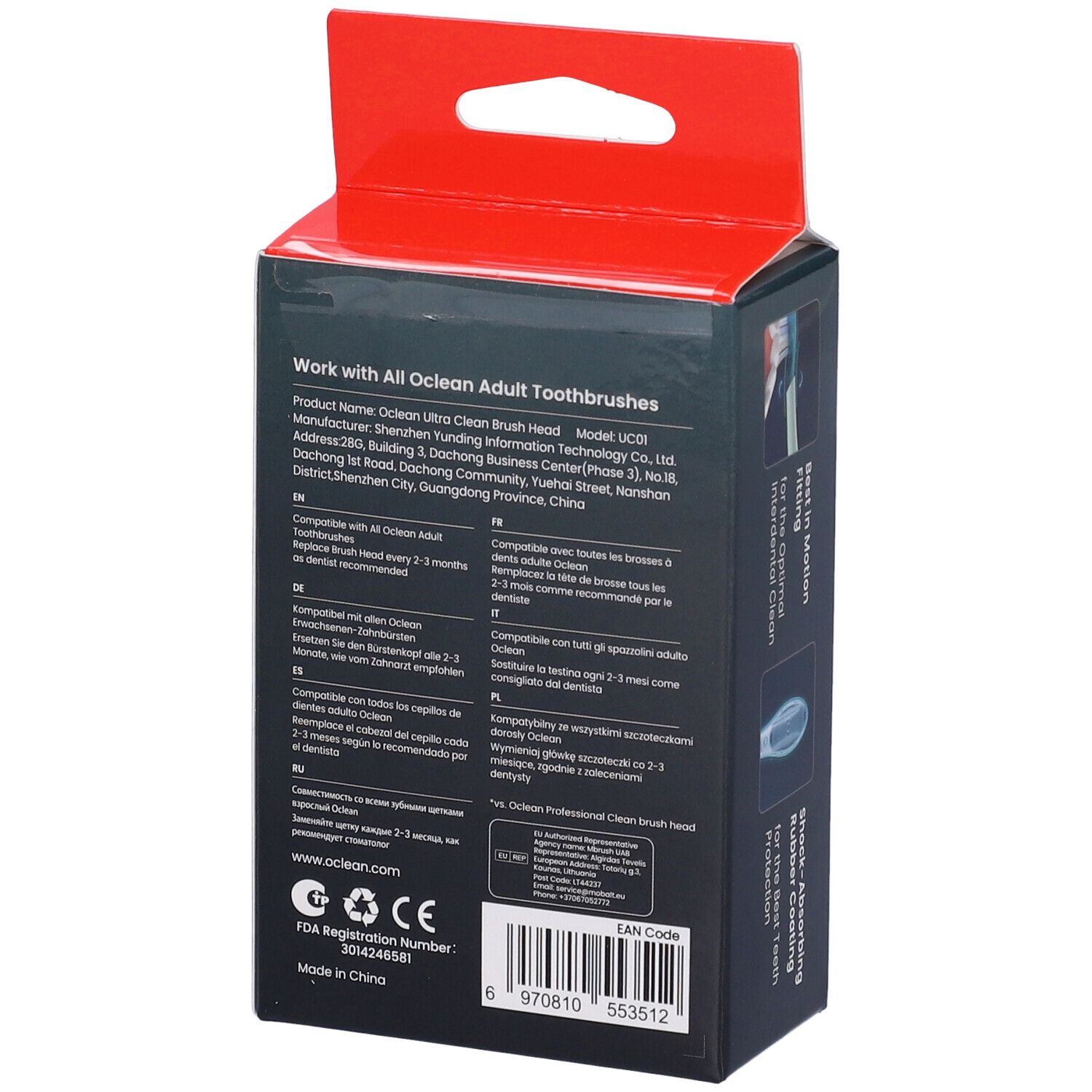 Rückseite der Oclean Ultra Clean Bürstenkopf-Verpackung. Produktinformationen, Herstelleradresse, Kompatibilität und Logos.