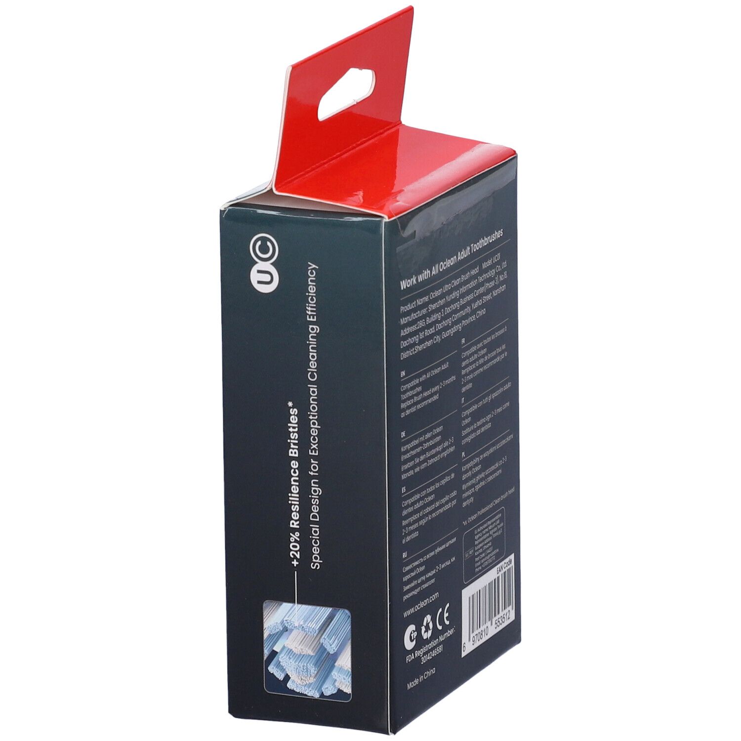 Oclean Ultra Clean Bürstenkopf-Verpackung. Seitenansicht mit Produktmerkmalen und Logos. Enthält eine Illustration der Borsten.