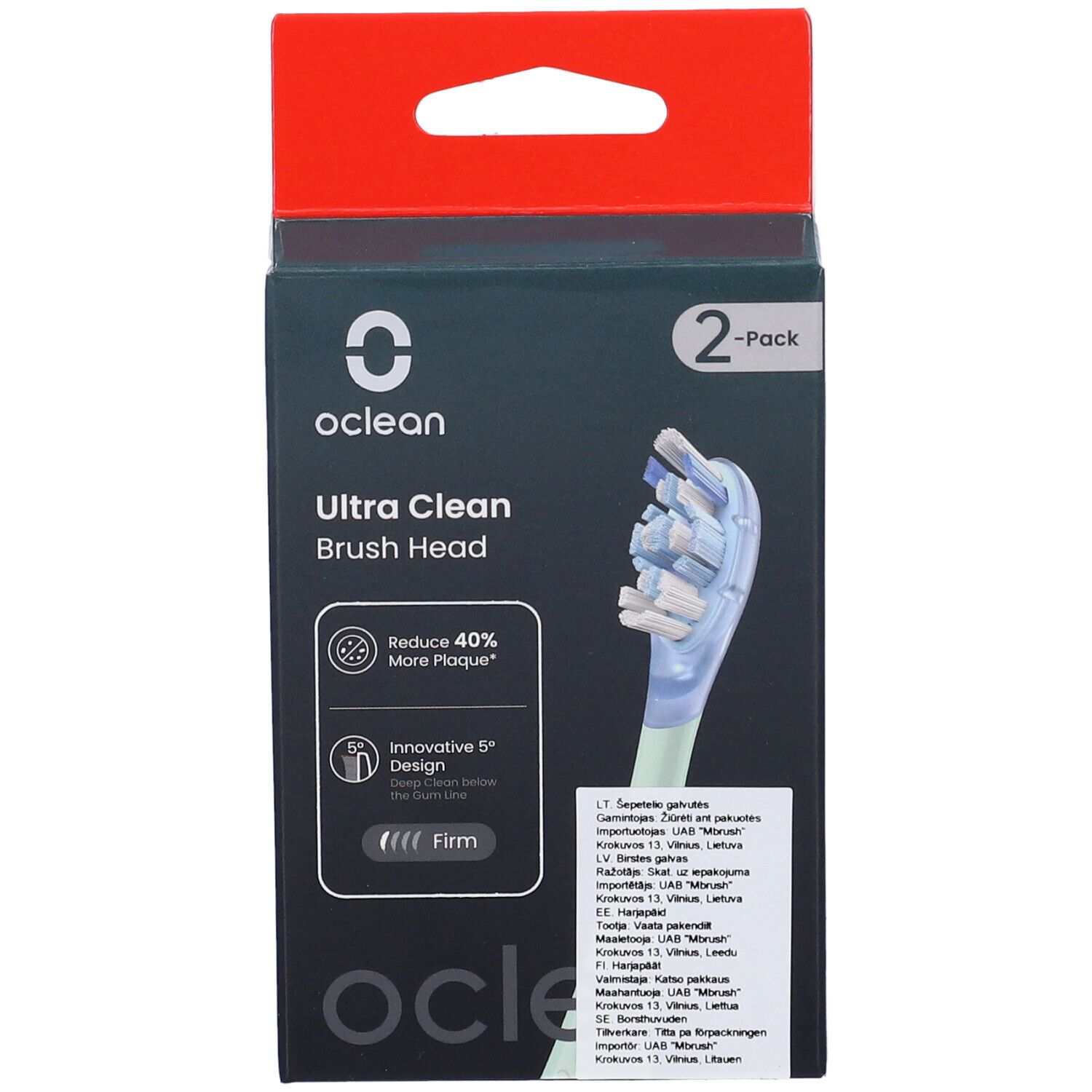 Oclean Ultra Clean Bürstenkopf-Verpackung. 2er-Pack. Enthält Produktinformationen und das Oclean-Logo. Die Bürstenköpfe sind sichtbar.