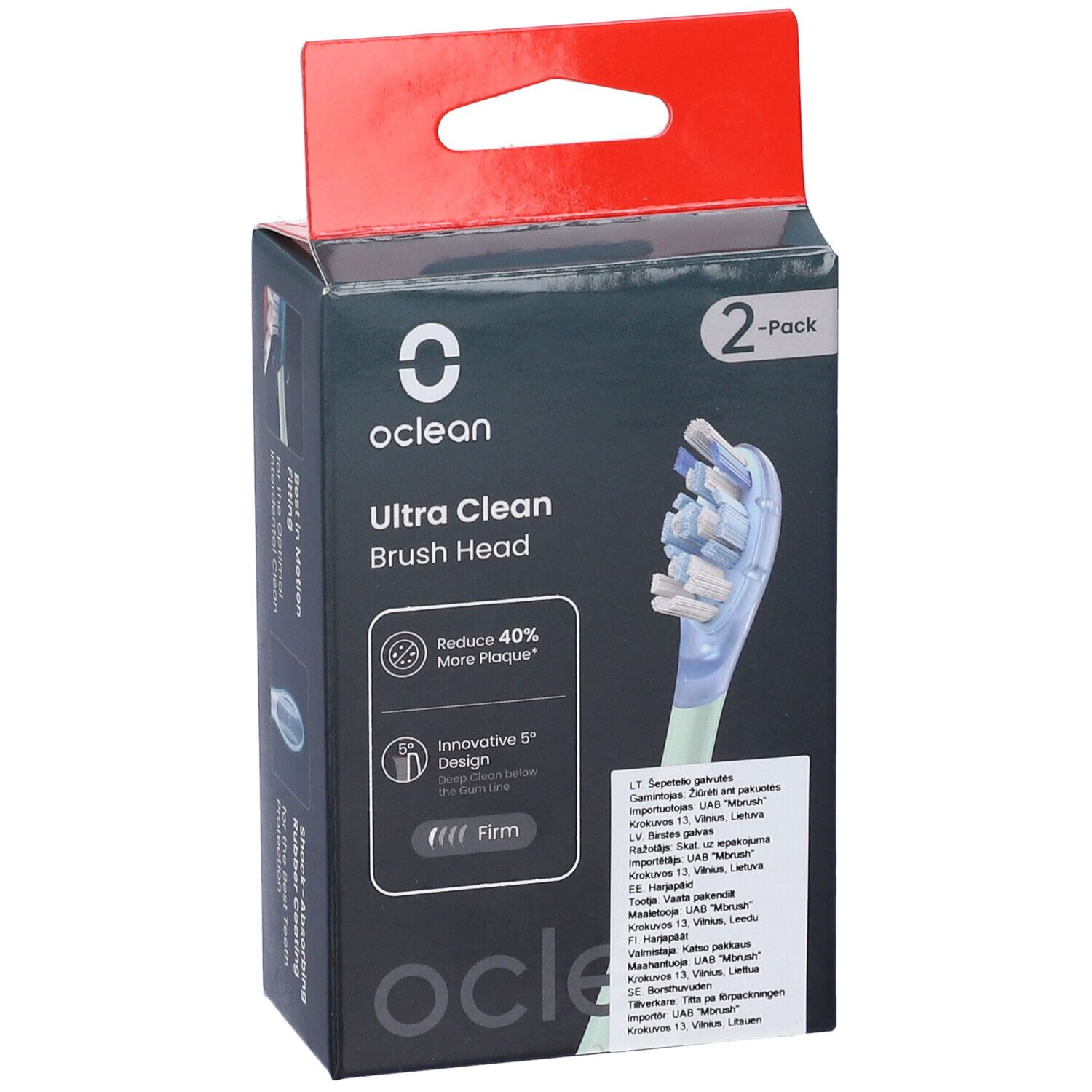 Oclean Ultra Clean Bürstenkopf-Verpackung. 2er-Pack. Enthält Produktinformationen und das Oclean-Logo. Die Bürstenköpfe sind sichtbar.