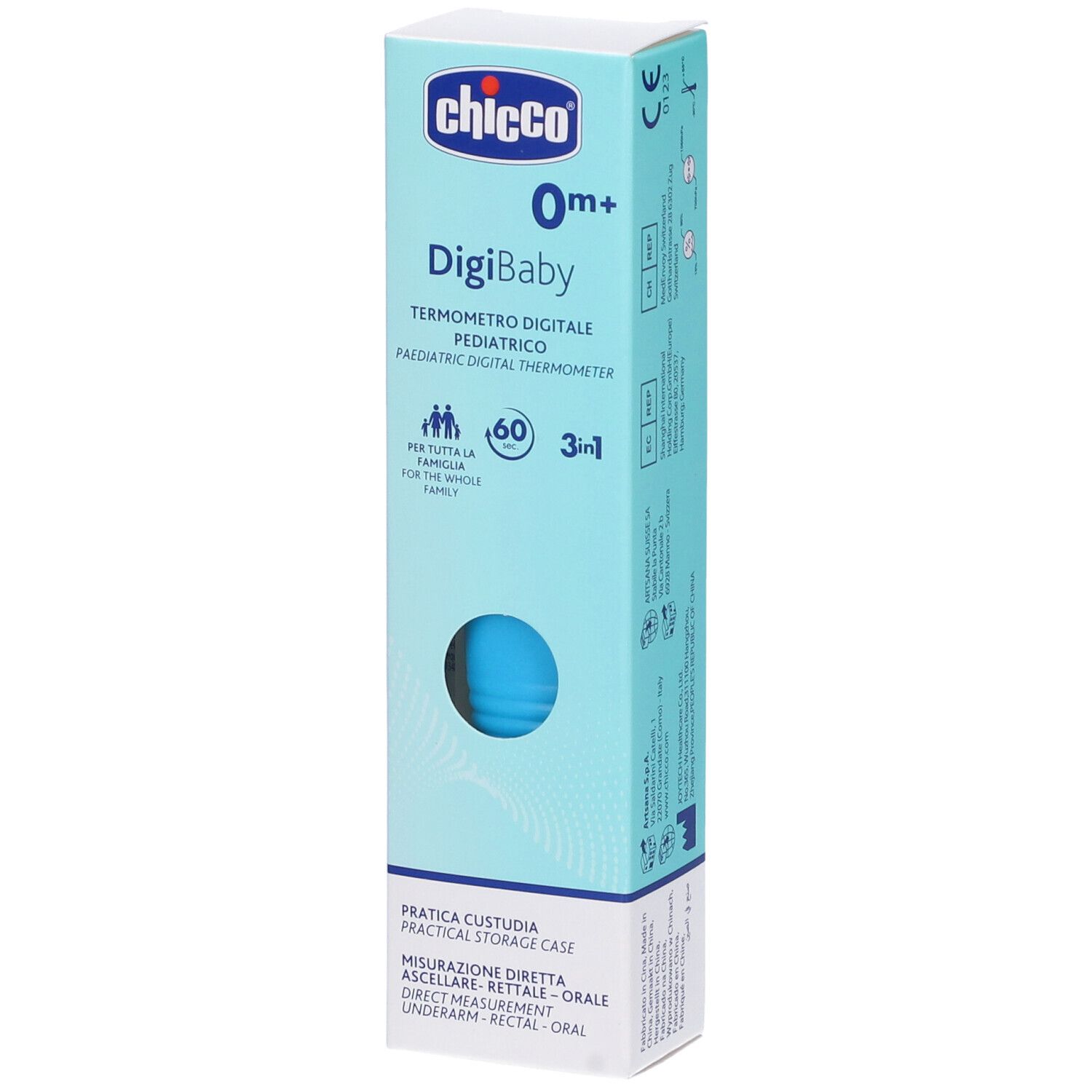 Confezione Chicco Digi Baby. Termometro digitale pediatrico. Scatola blu con logo e testo. Custodia blu visibile.
