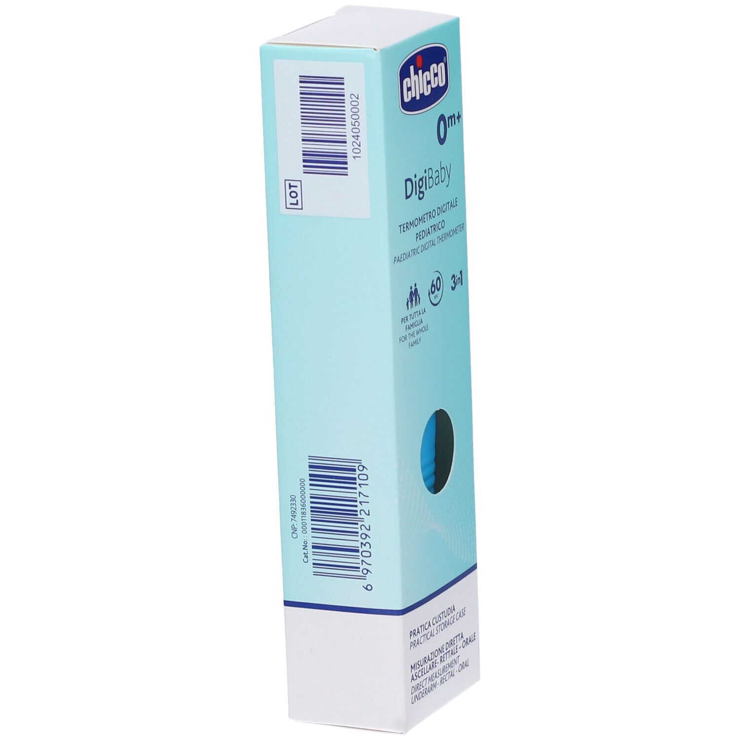 Retro della confezione Chicco Digi Baby. Scatola blu con testo e codice a barre. Contiene informazioni sul prodotto.