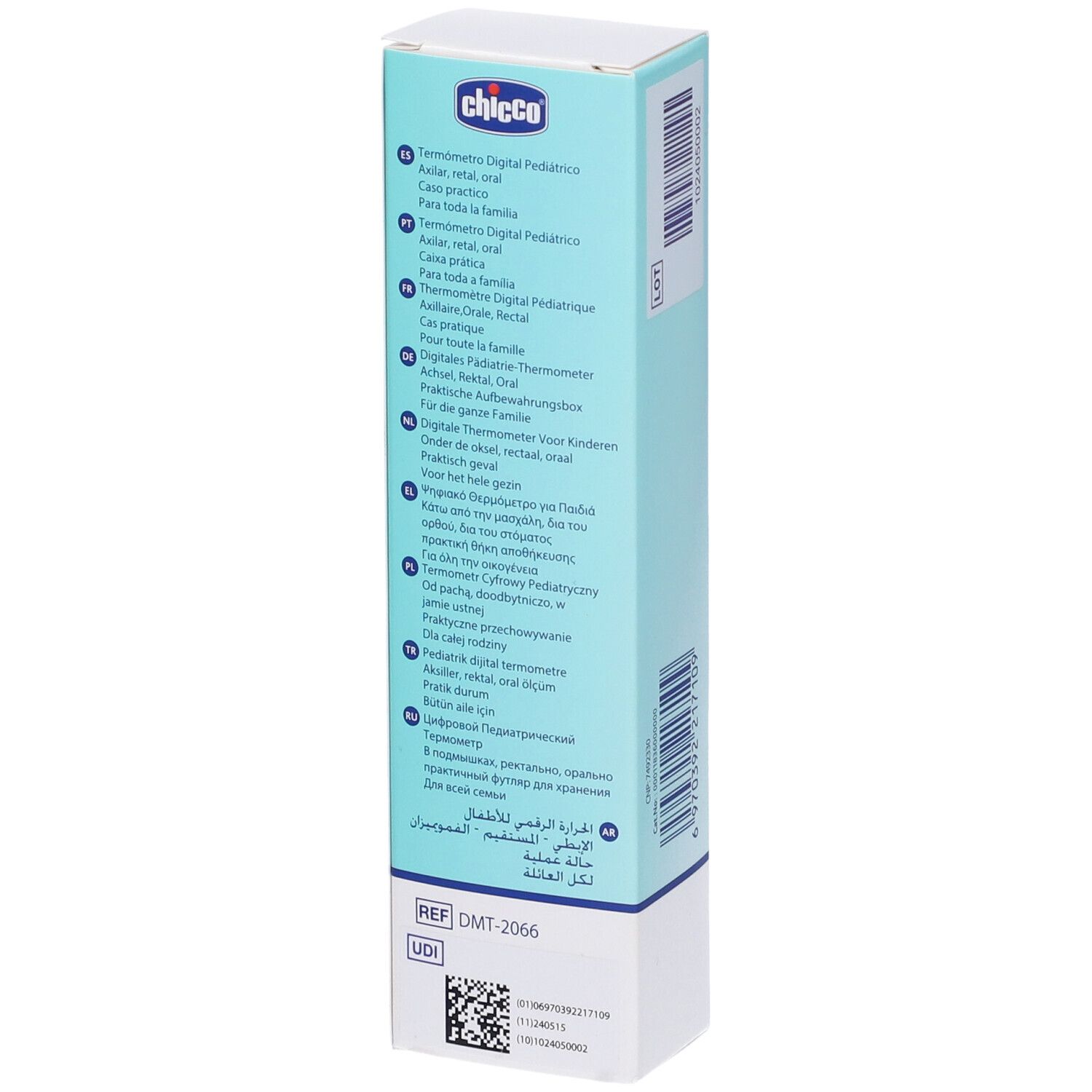 Lato della confezione Chicco Digi Baby. Scatola blu con testo in diverse lingue. Contiene informazioni sul prodotto.