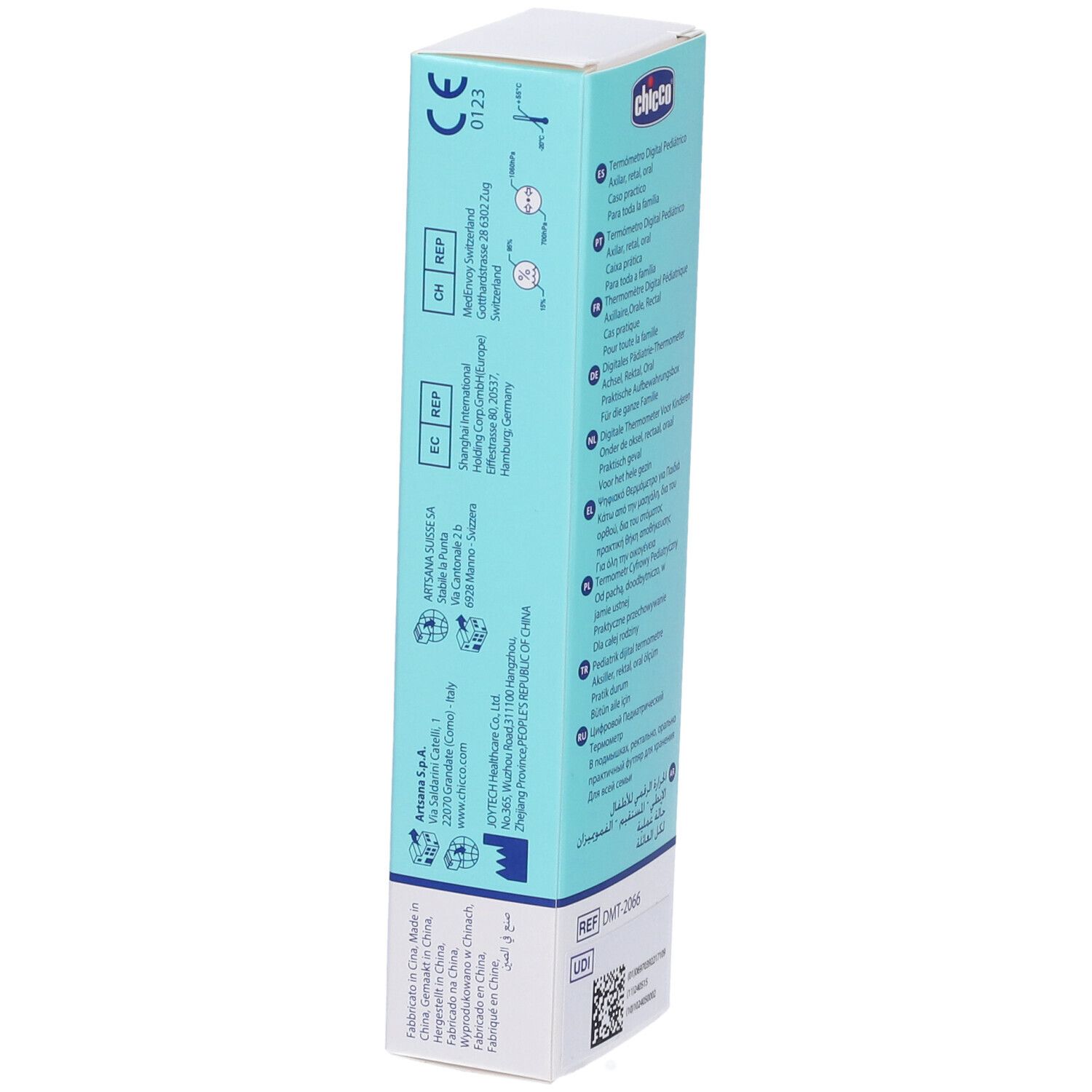 Lato della confezione Chicco Digi Baby. Scatola blu con testo e loghi. Contiene informazioni e certificazioni.