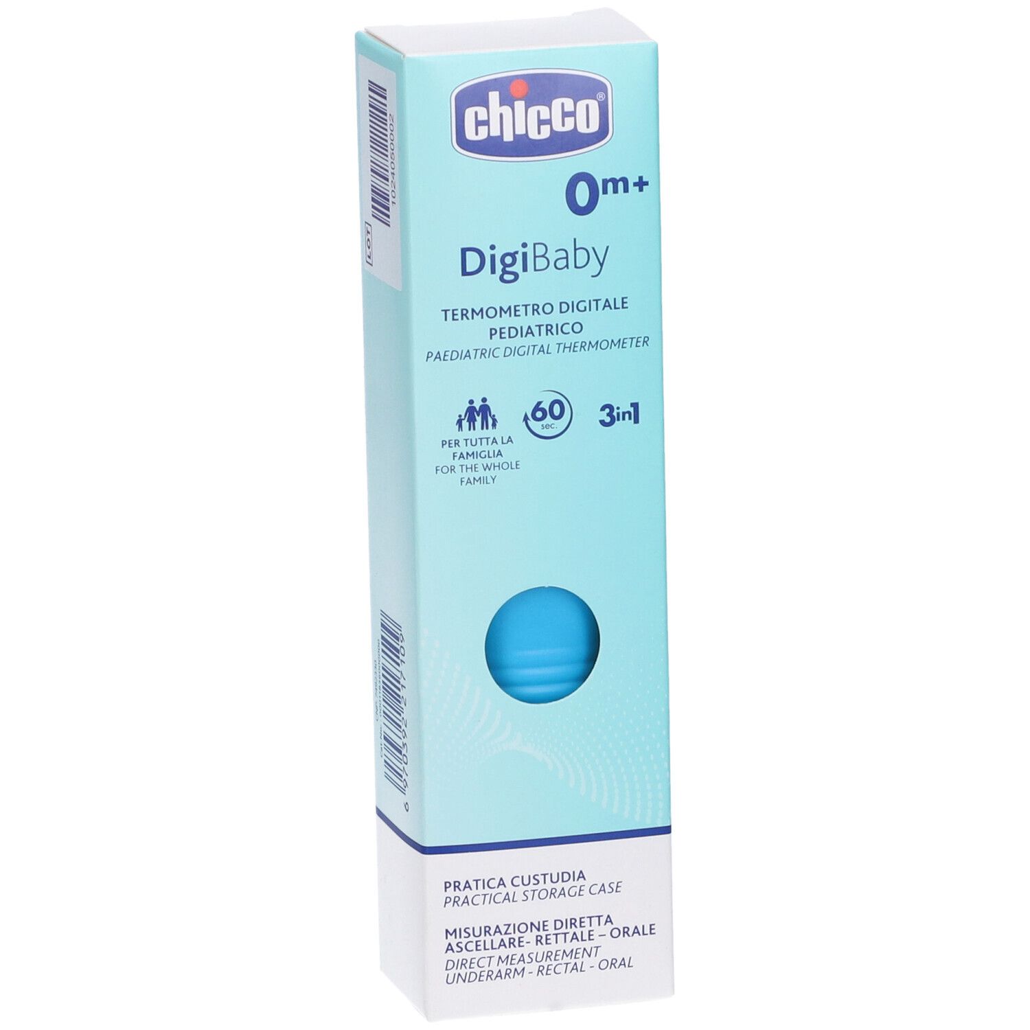 Confezione Chicco Digi Baby. Termometro digitale pediatrico. Scatola blu con logo e testo. Custodia blu visibile.