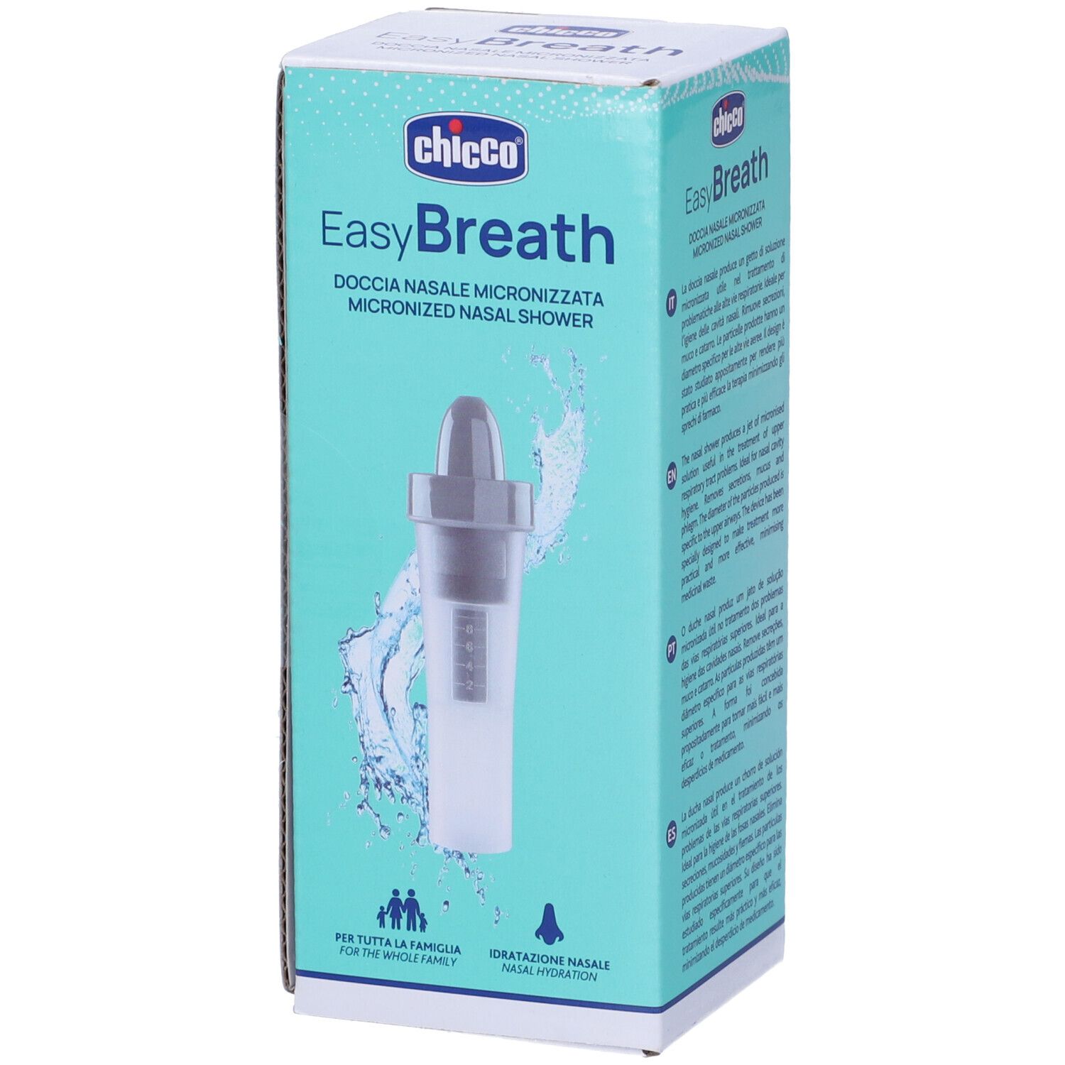 Confezione di Chicco EasyBreath. Scritta: 'Doccia nasale micronizzata'. Illustrazione del prodotto e dell'acqua.