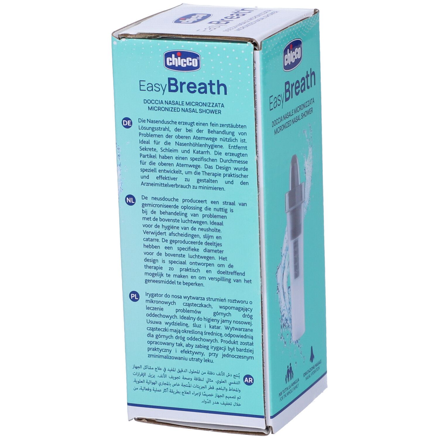 Vista laterale della confezione Chicco EasyBreath. Testo in tedesco, olandese e polacco.