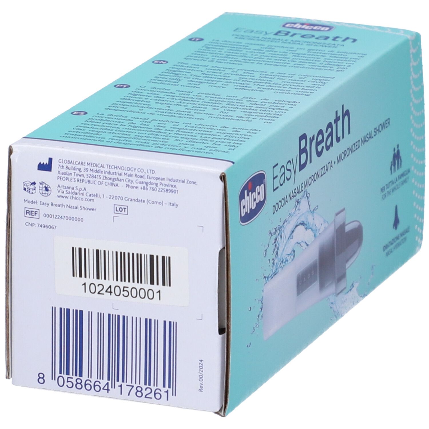 Retro della confezione Chicco EasyBreath. Codice a barre e informazioni sul prodotto.