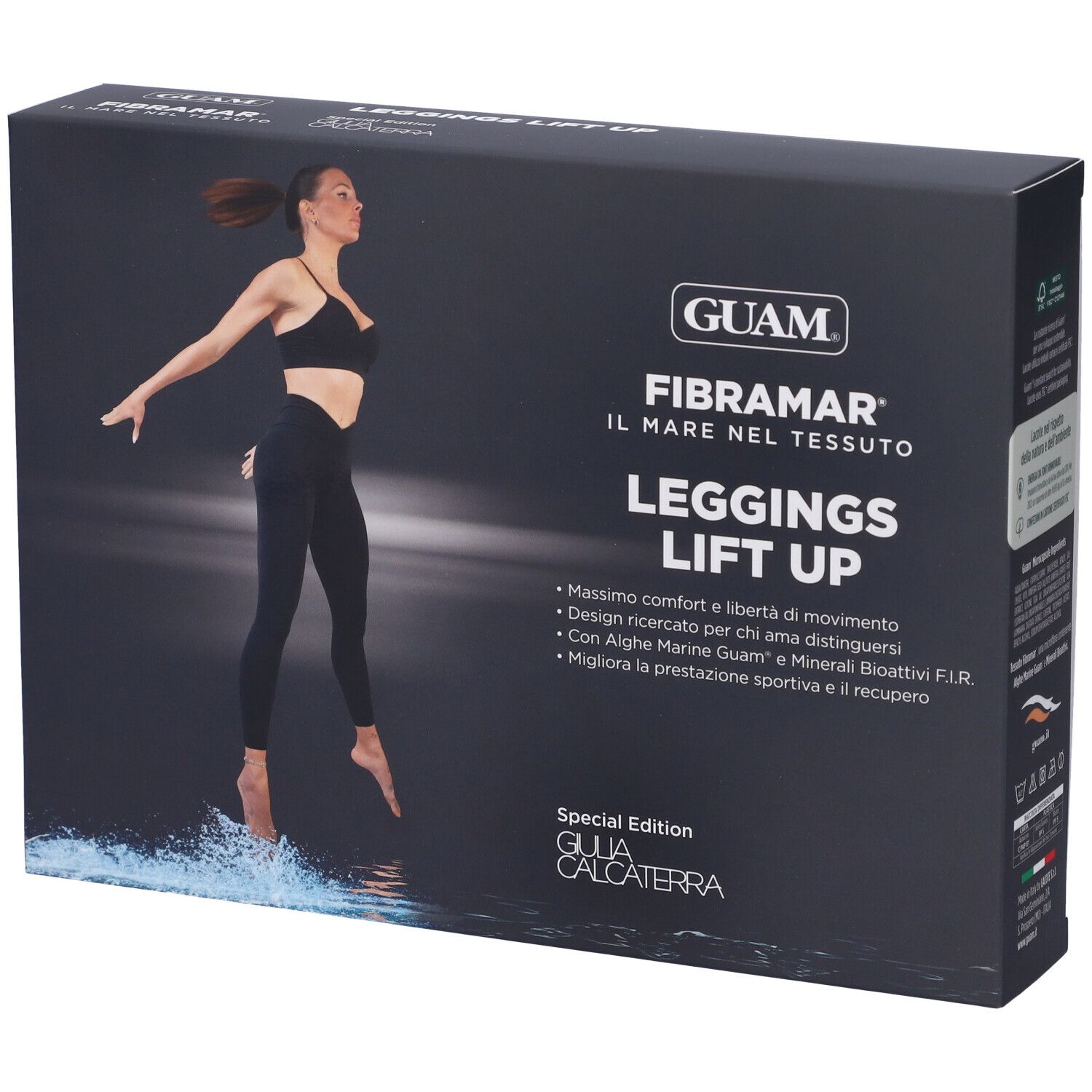 Confezione di leggings neri. Marchio GUAM, nome prodotto: Leggings Lift Up. Immagine di donna con leggings.