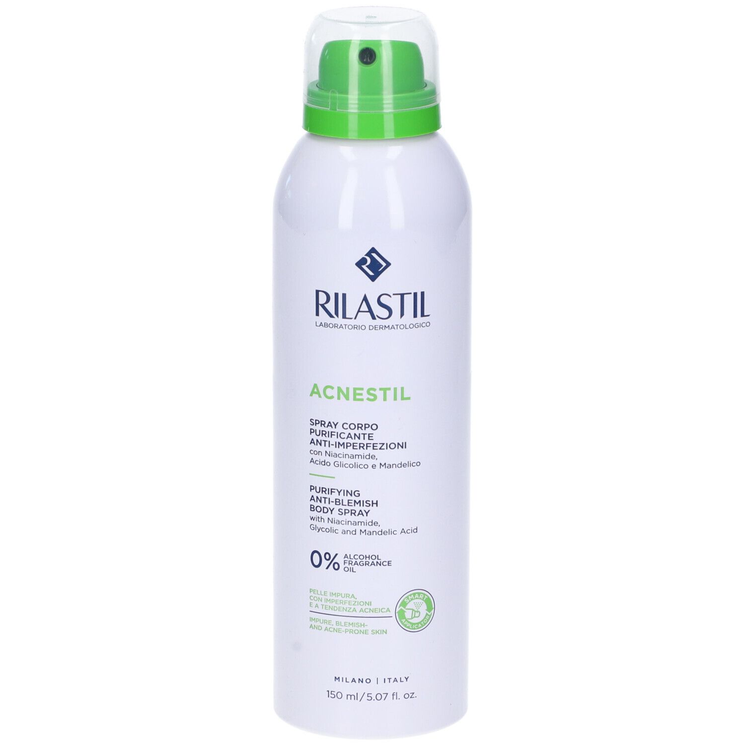 Rilastil Acnestil Spray Corpo. Flacone spray bianco con erogatore verde. Testo: Acnestil, 0% alcool, 150 ml.