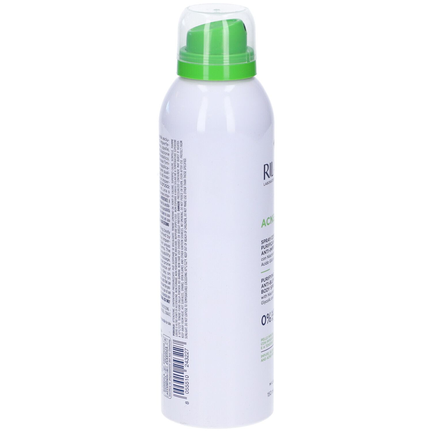 Rilastil Acnestil Spray Corpo. Flacone bianco con erogatore verde. Vista laterale con testo. 0% alcool.