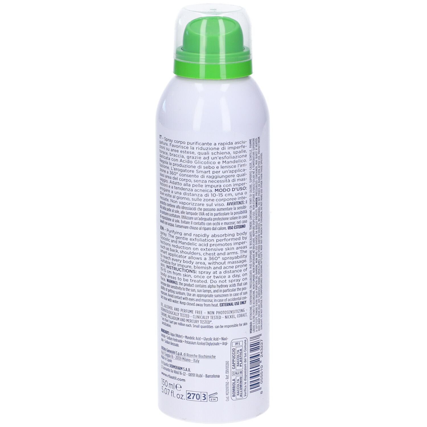 Rilastil Acnestil Spray Corpo. Flacone bianco con erogatore verde. Retro con testo. 0% alcool.